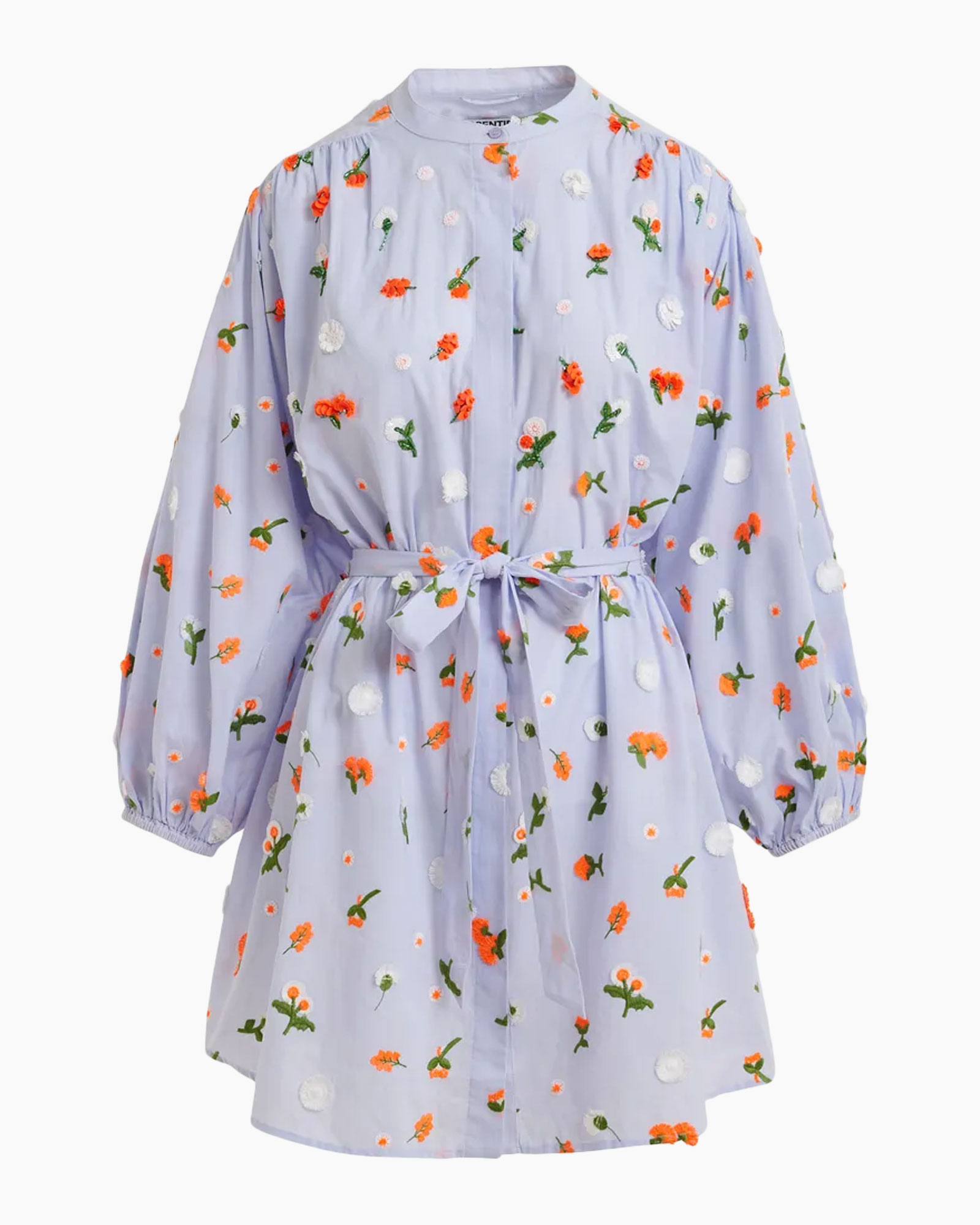 jurk, bloemen, borduursel, riem, lange mouwen