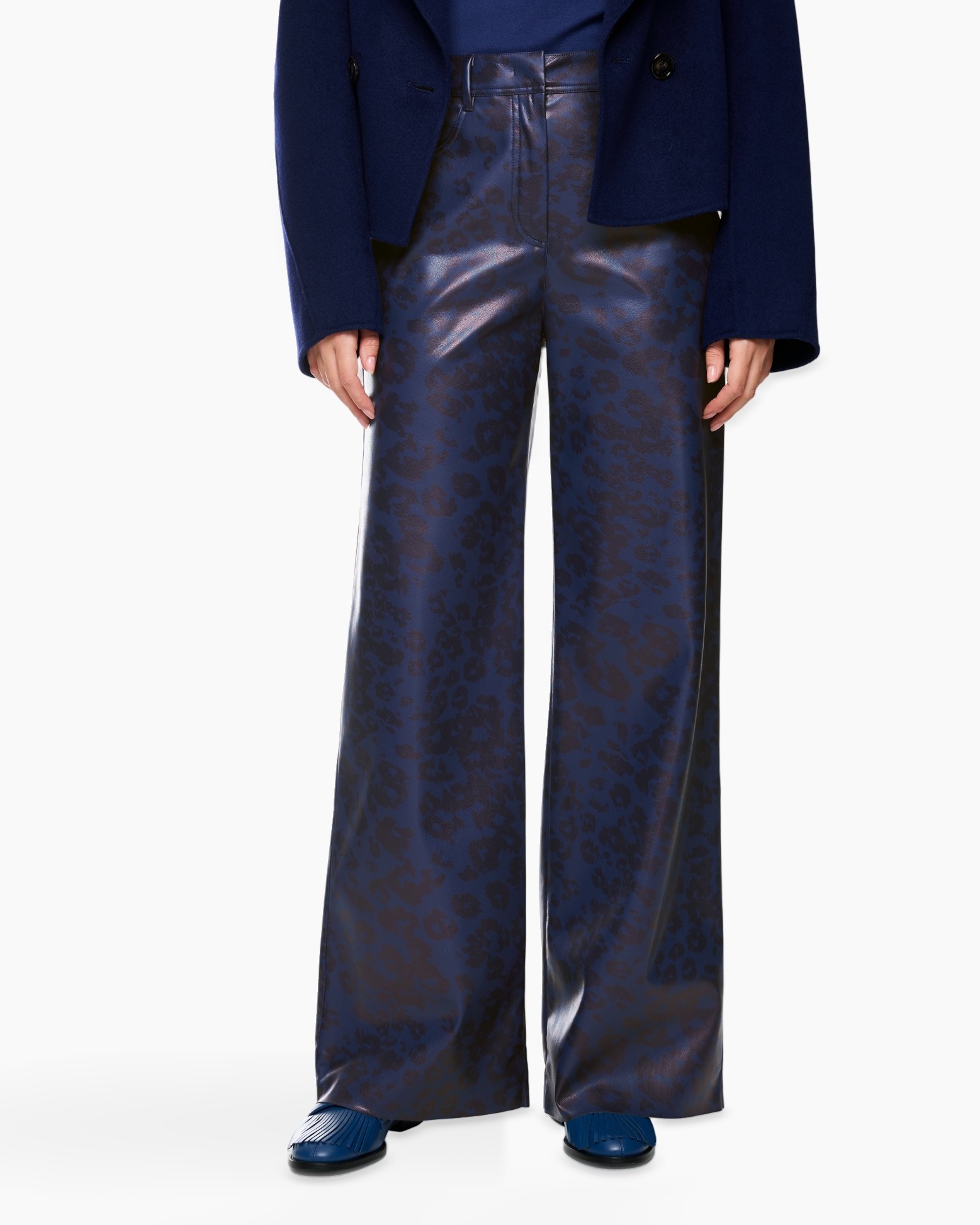 broek, wijdlopende, iriserend, leleopardprint, zijdeachtig materiaal