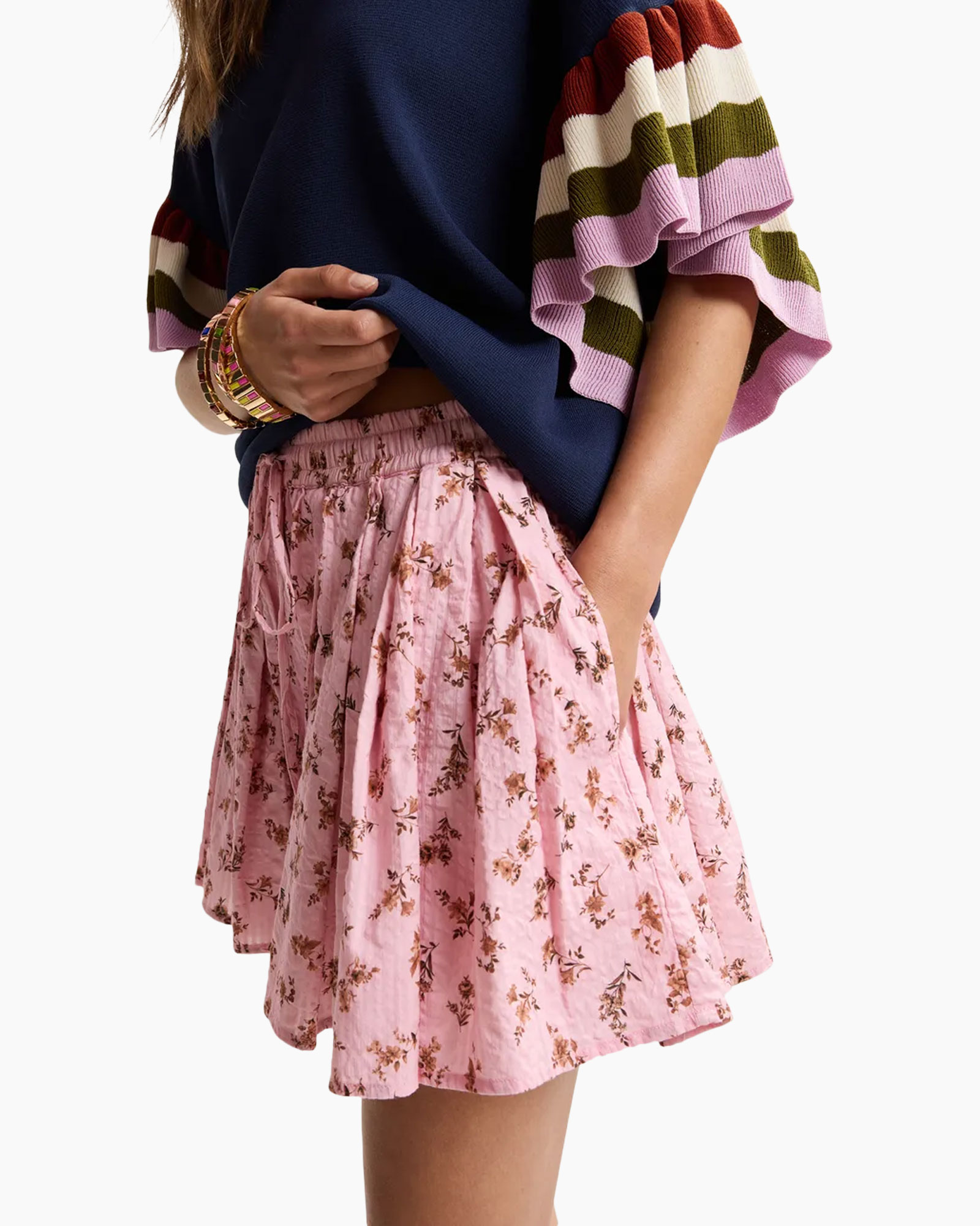 roze bloemenrok, geplooide rok, minirok, elastische taille, casual mode