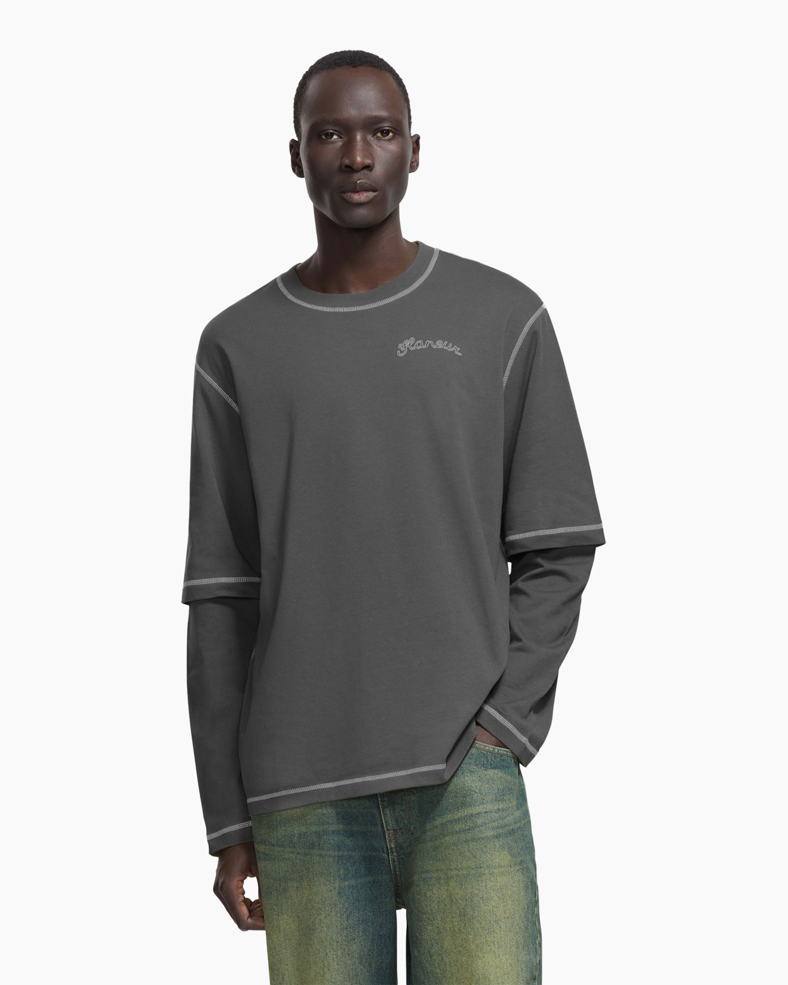 t-shirt, langer mouw, grijs, kraag, stiksels