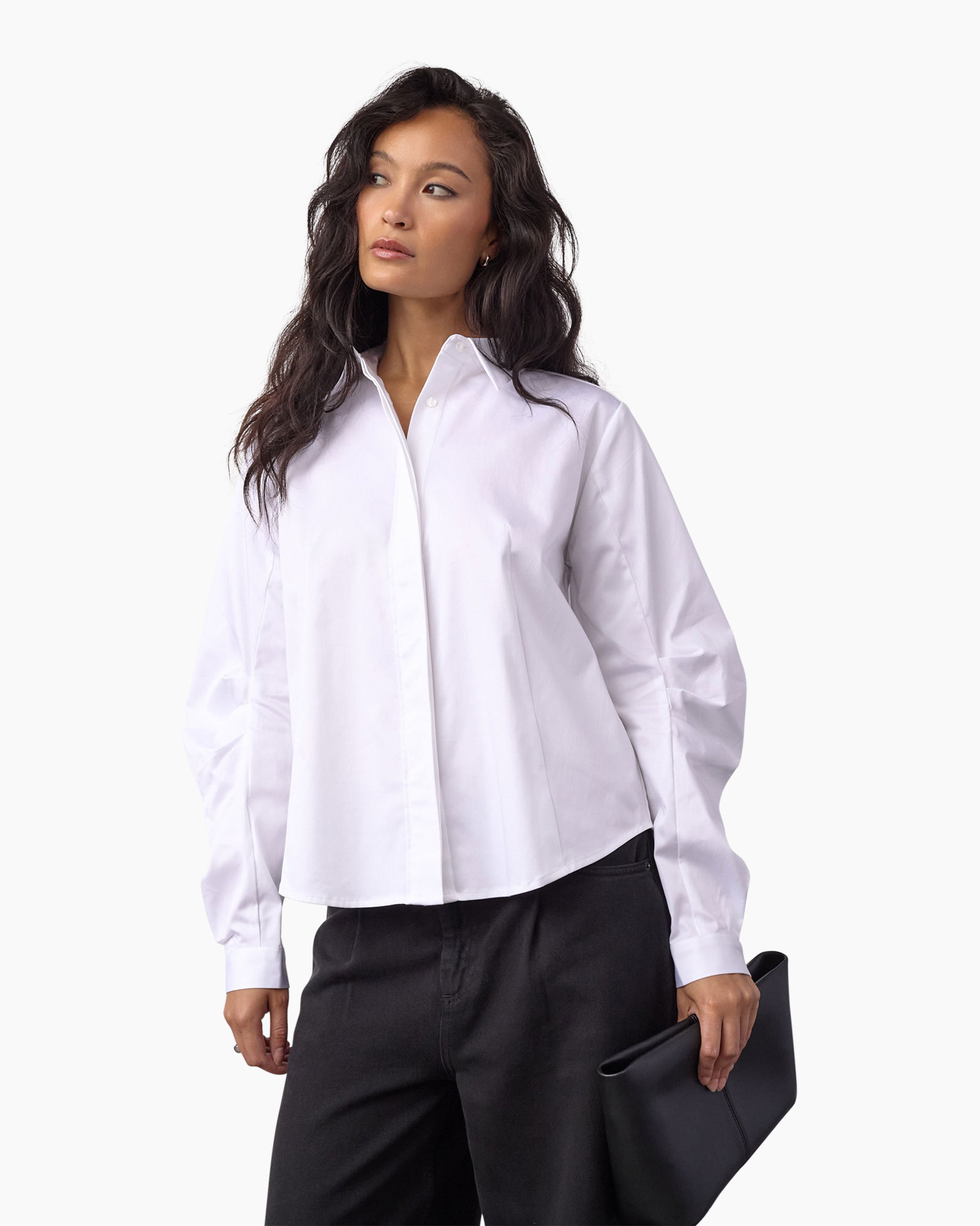 witte blouse, knopen-down, lange mouwen, kraaglijn, vrouwelijke top