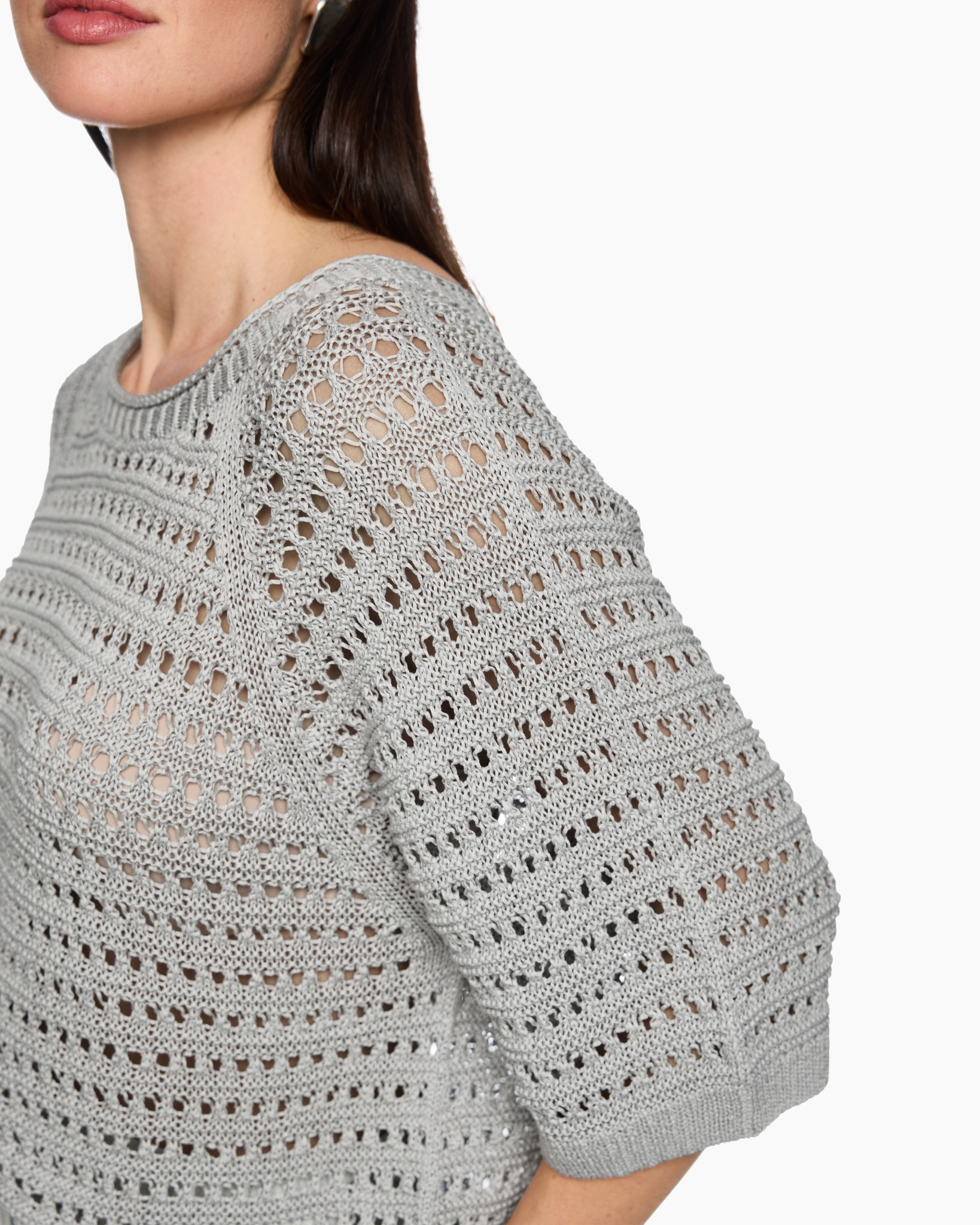 knit sweater, crochet knit, loose fit, short sleeves, gray