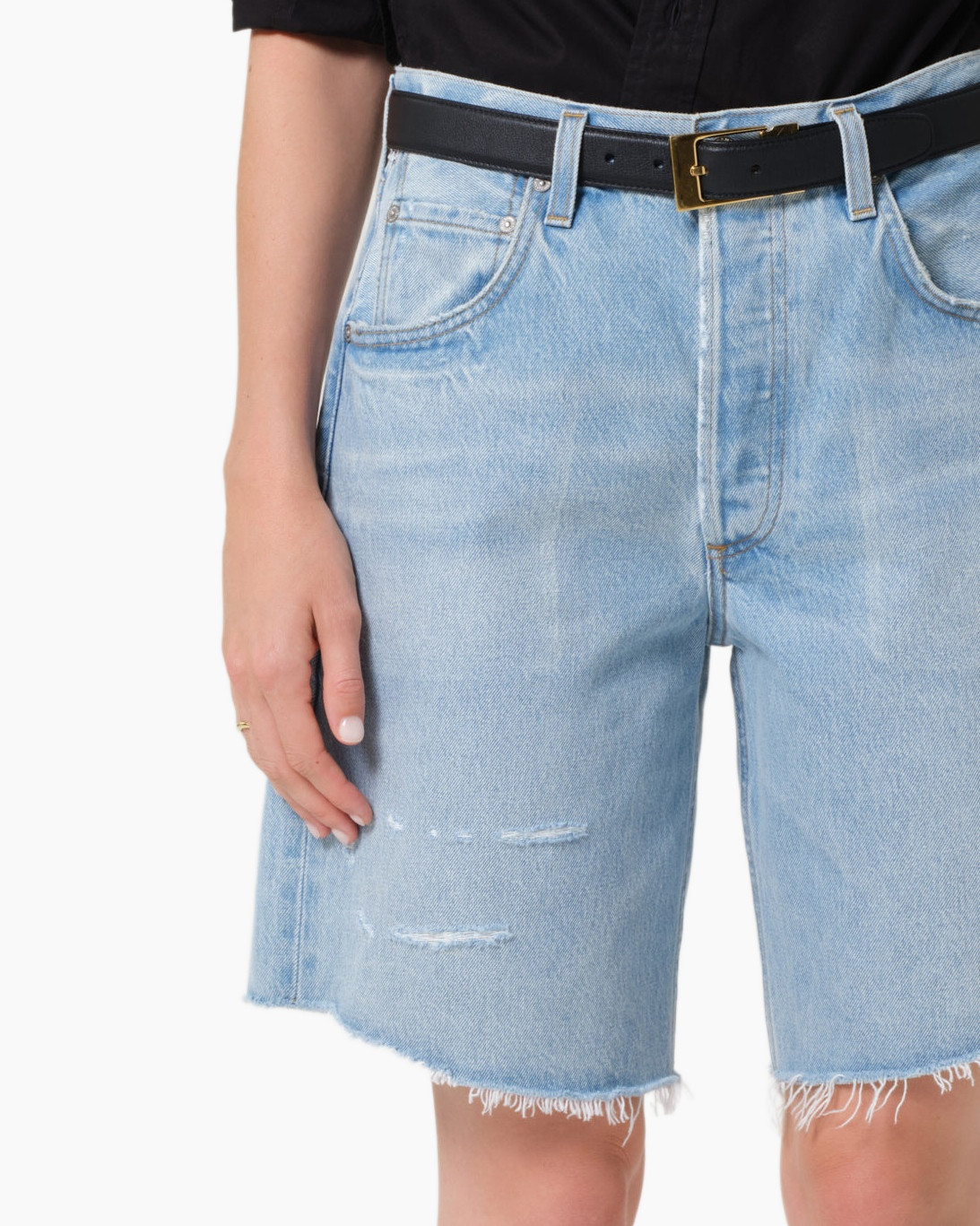 denim, jeans shorts, distressed, mid wash, belted