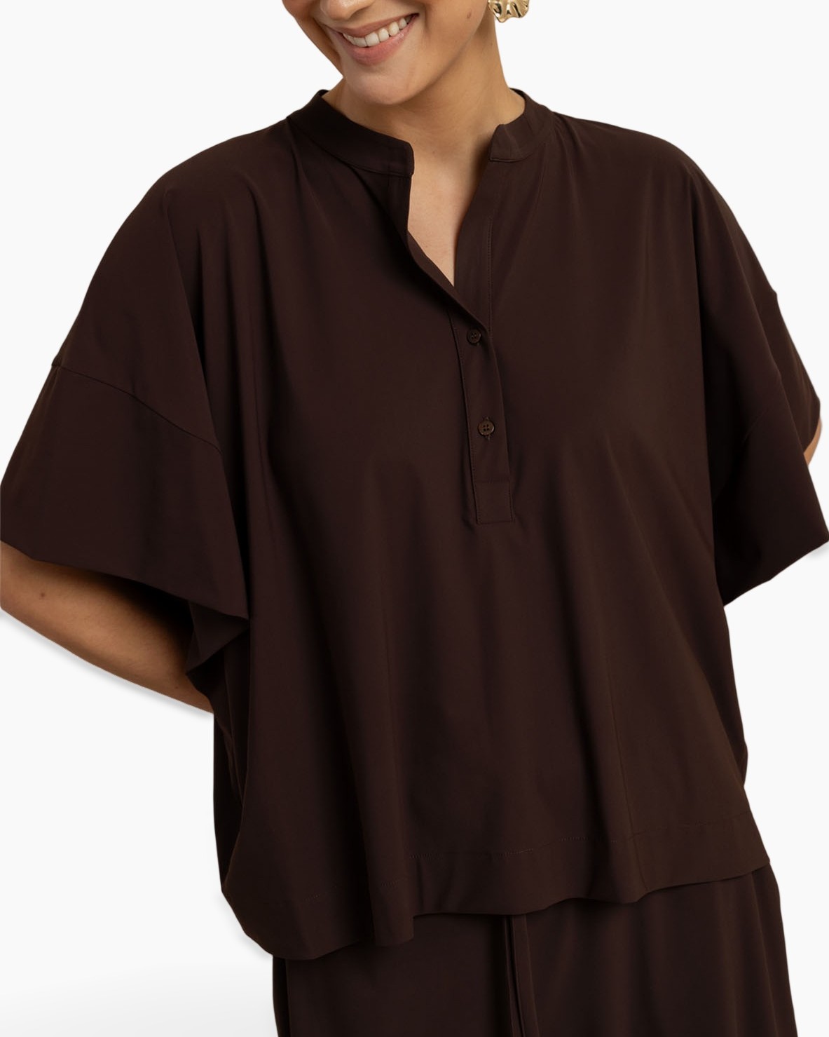 top, blouse, losse pasvorm, korte mouwen, bruin