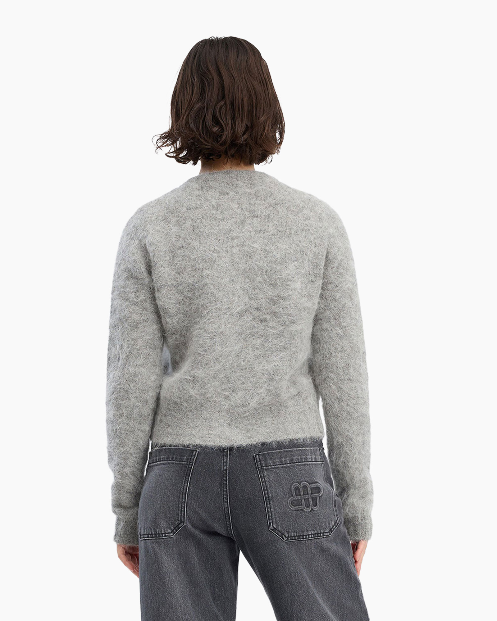 cardigan, breipre, grijs, knopen, tas