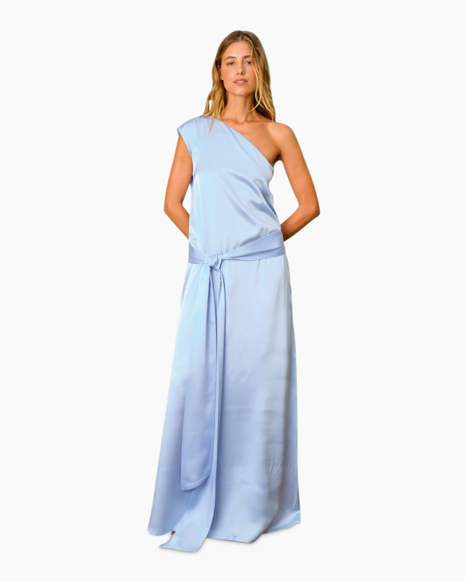 dress, one-shoulder, sleeveless, wrap, light-blue
