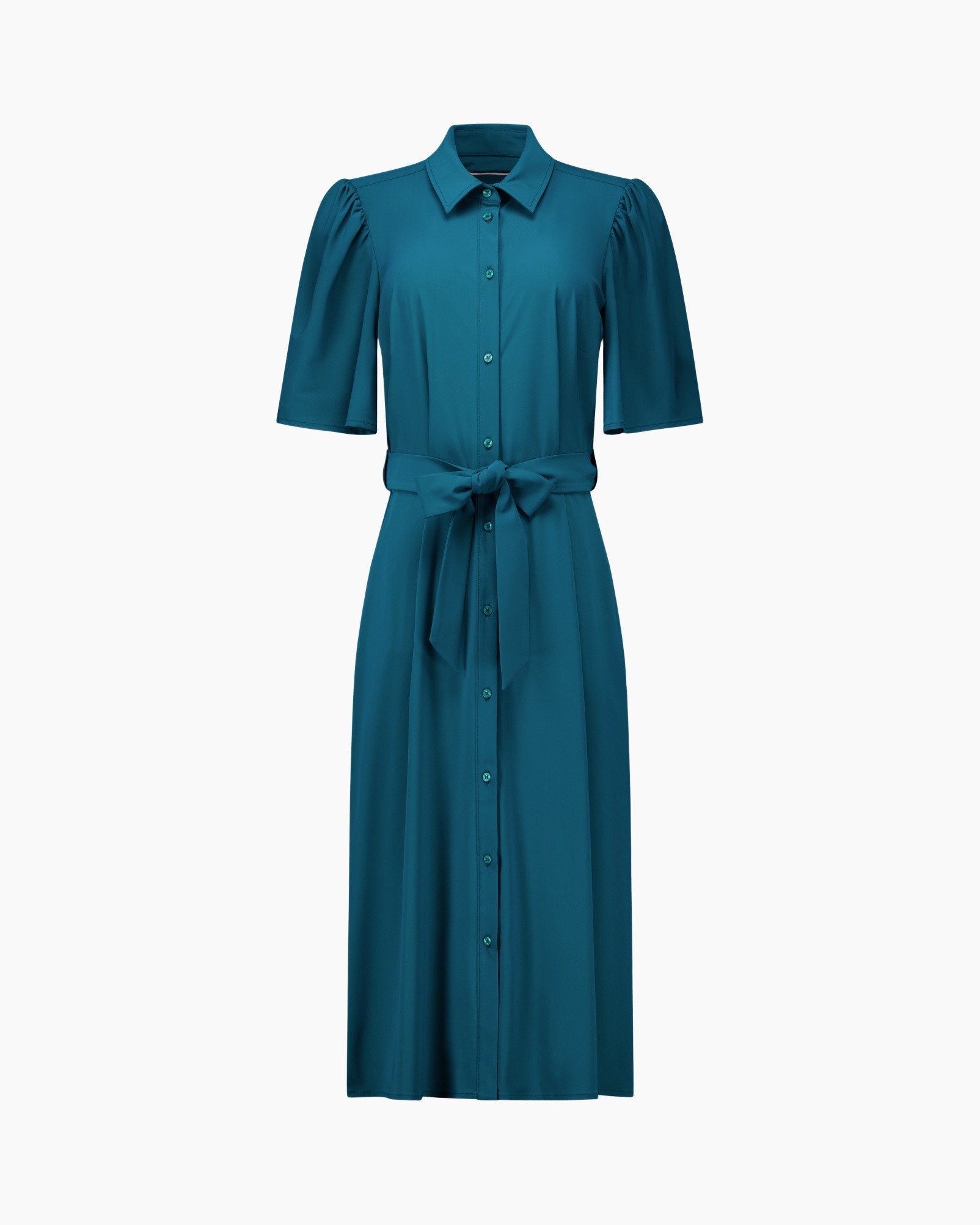 jurk, knielengte, teal, knopenrij, riem