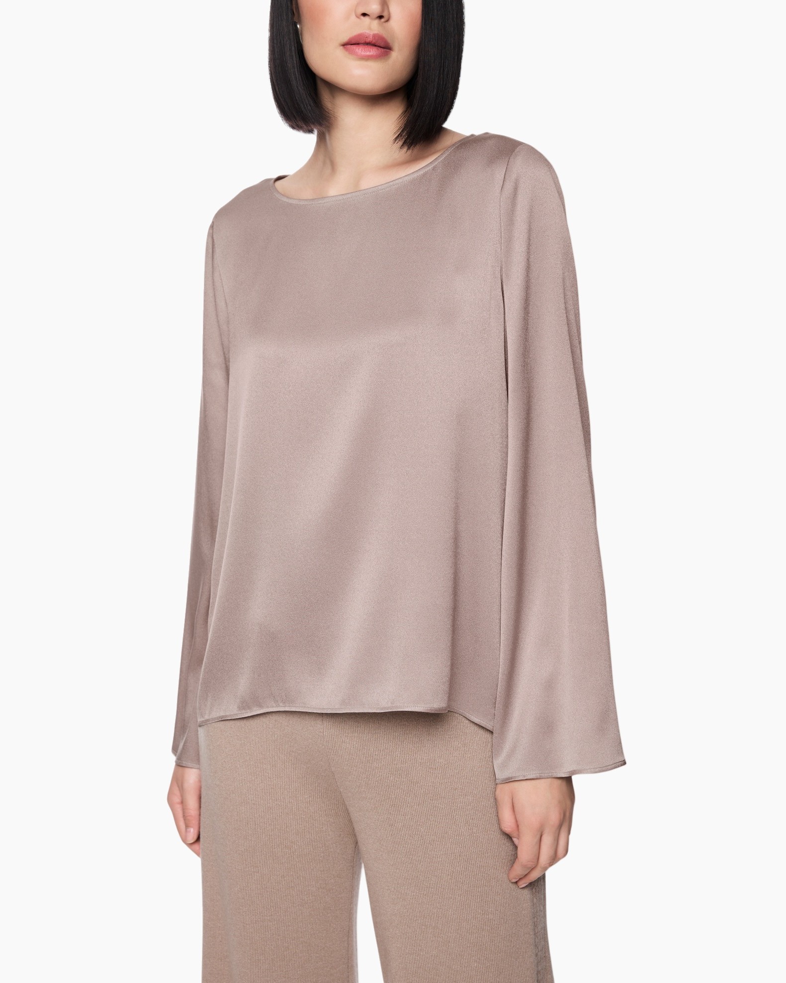zijde, blouse, lange mouwen, zacht beige, eenvoudig stijl