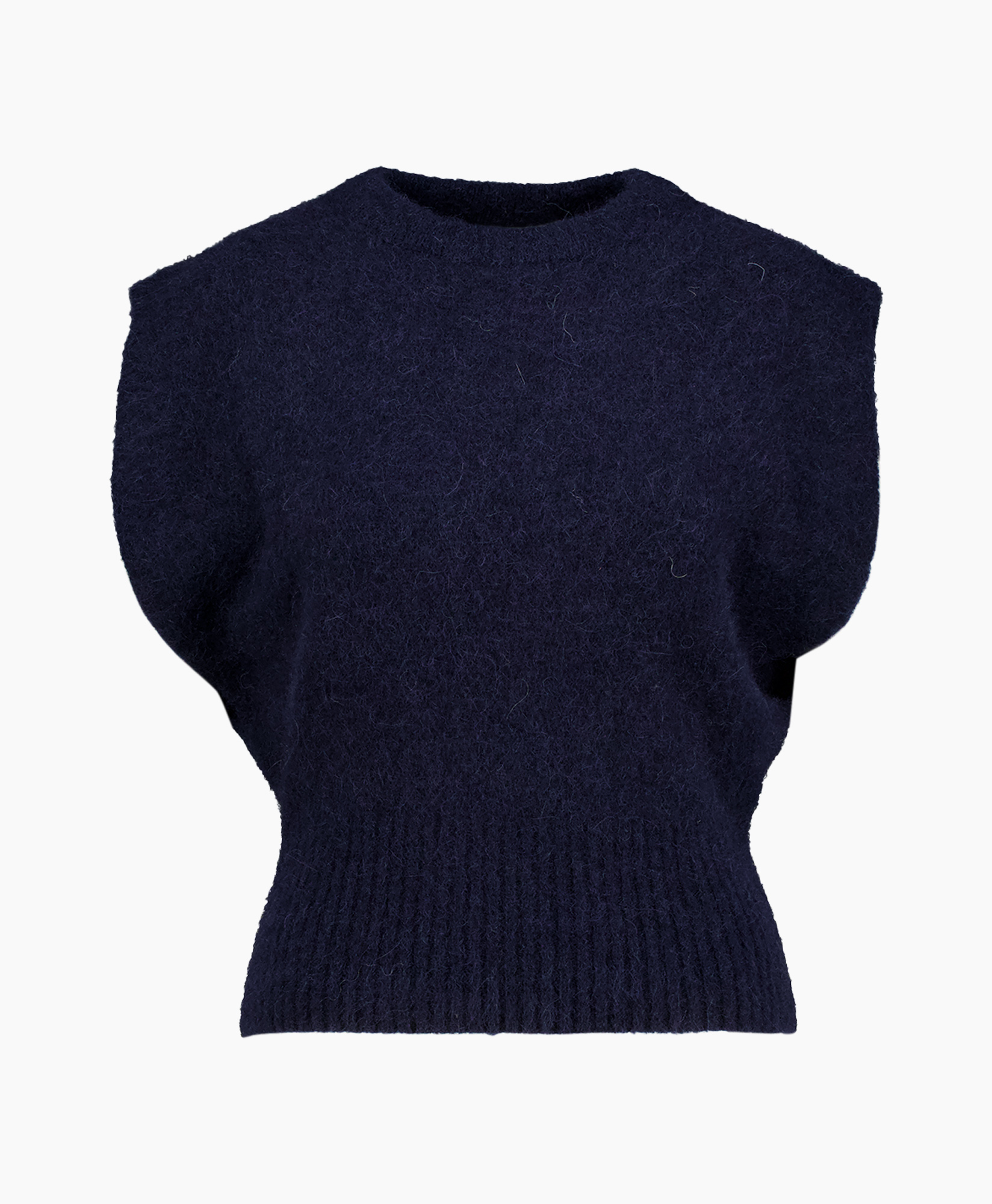 gebreide trui, marineblauw, dikke brei, korte mouw, rondes hals