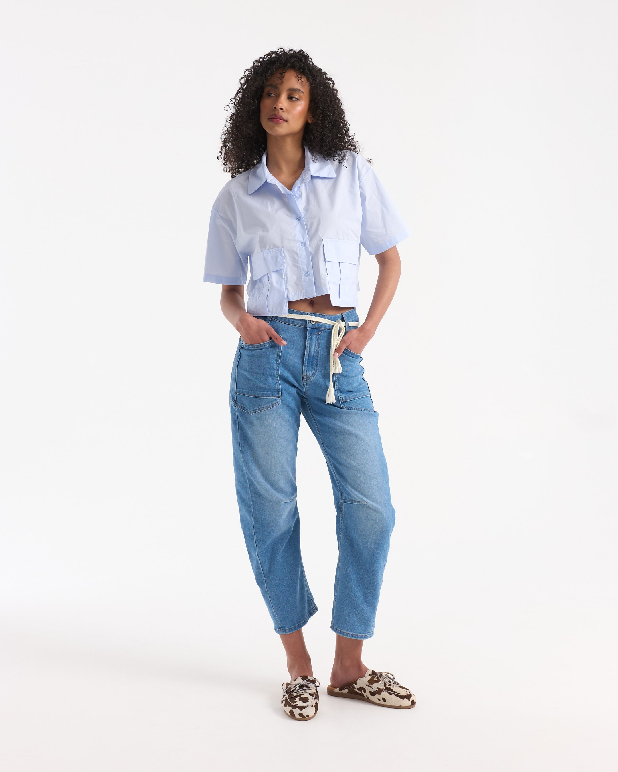 crop-top, short-sleeve, button-up, pockets, denim