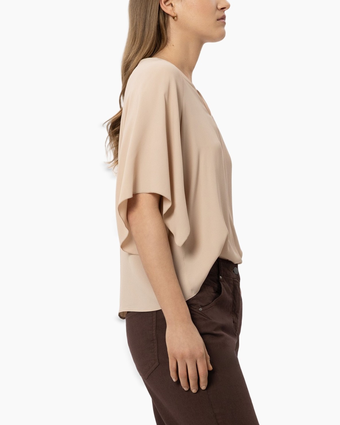 blouse, mouwen met vleugel, v-hals, beige, lange mouwen
