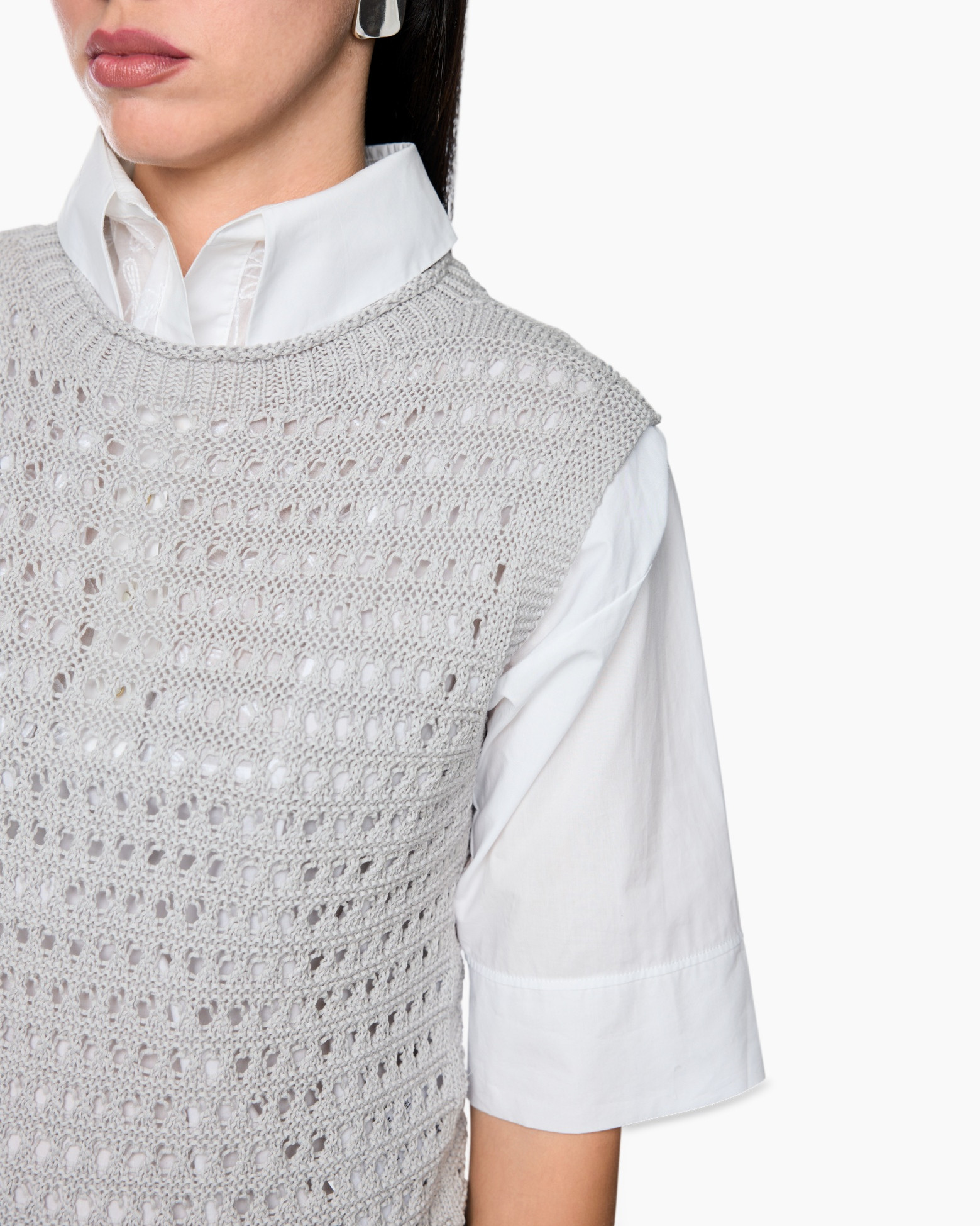 knit vest, crochet top, sleeveless, layered knit, gray