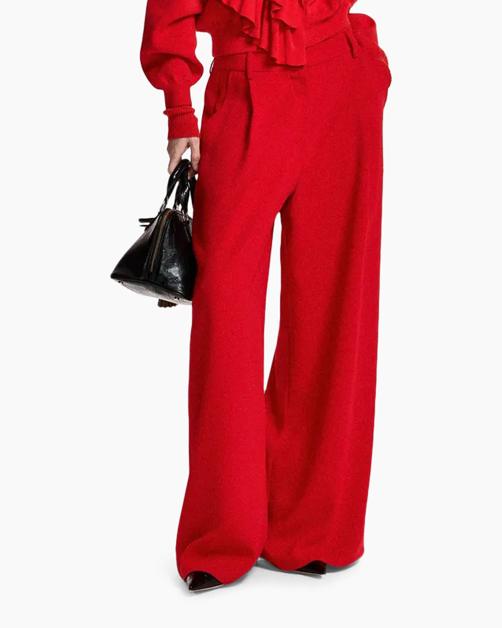 rode broek, wijderepoten, hoge taille, pull-on, uitlopend