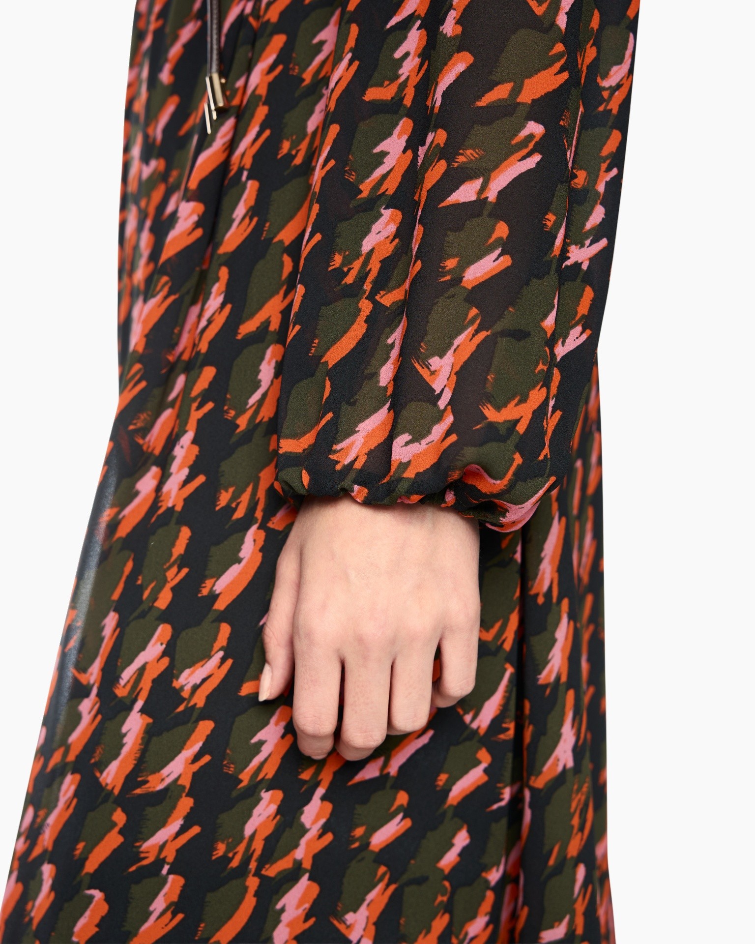 jurk, lange mouw, print, patroon, stof