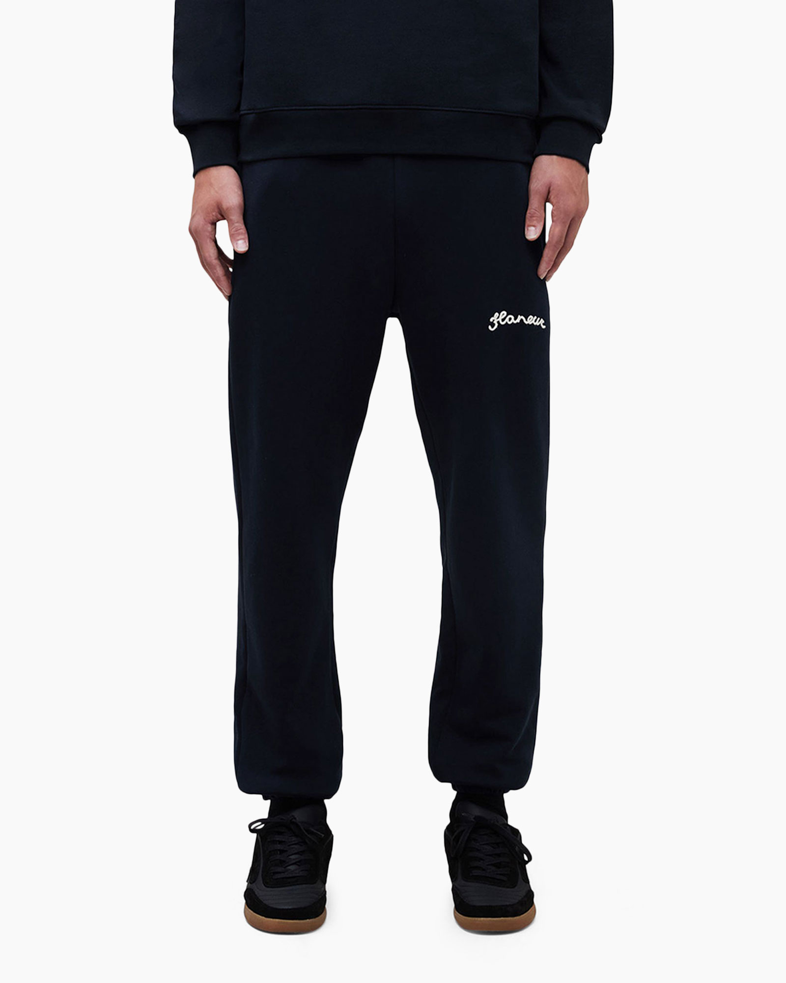 broek, pantalon, marineblauw, touwtje, logo