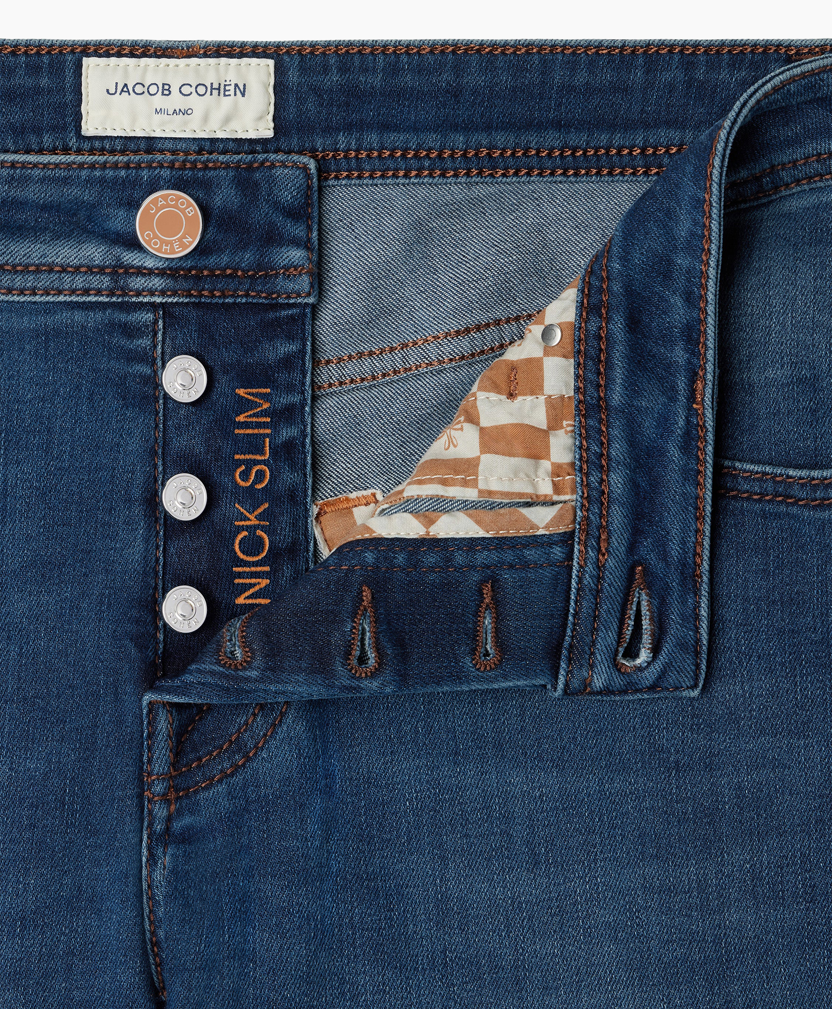 spijkerbroek, denim, zak, knopsluiting, geruite voering