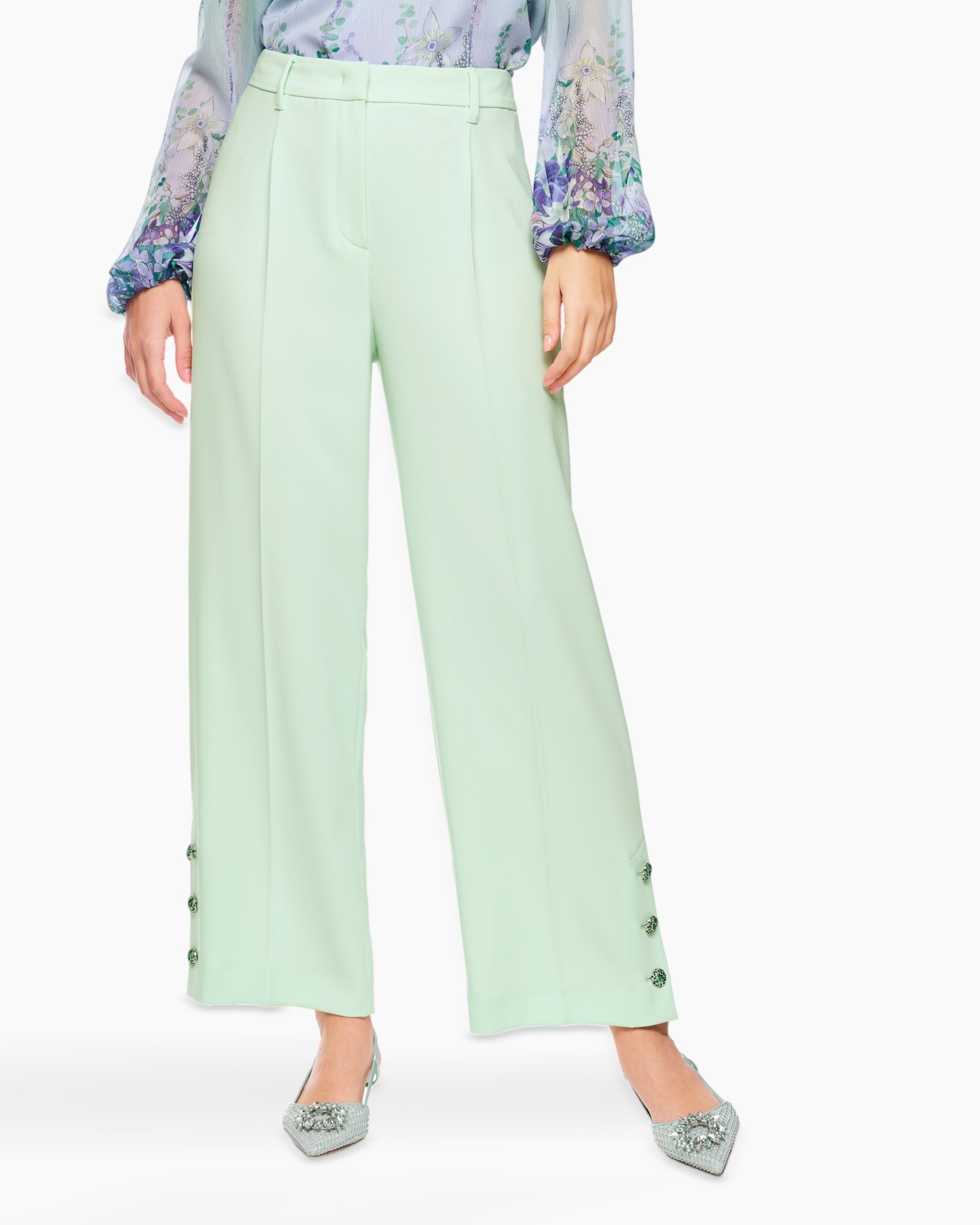 broek, wijdere-halzen, mintgroen, knopdetail, hoge taille