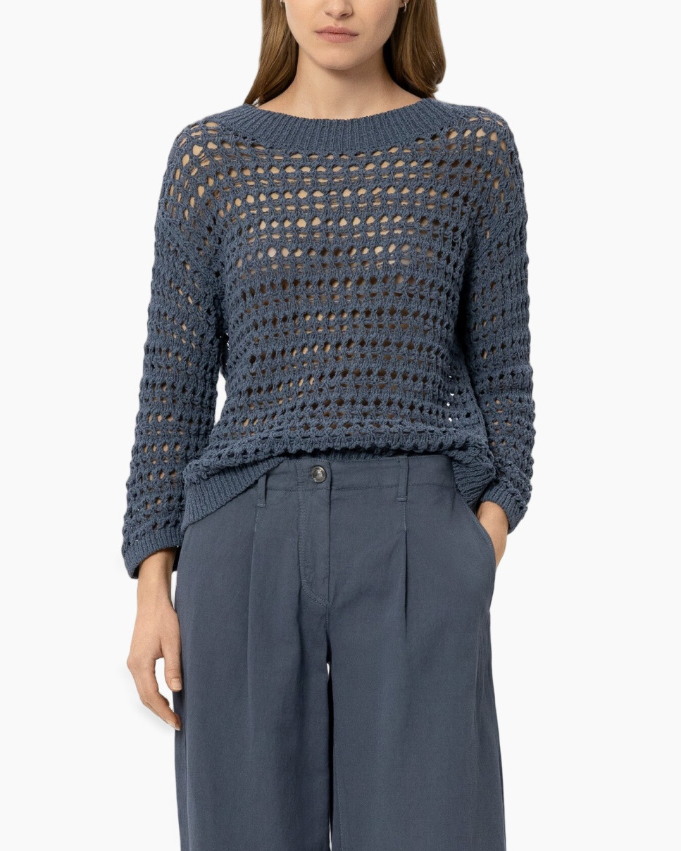 crochet sweater, mesh knit, long sleeve, blue, pullover