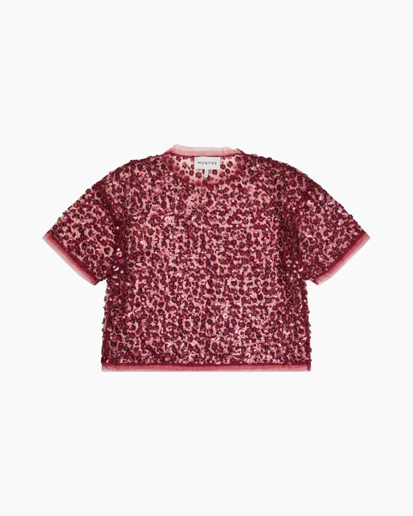 top met korte mouwen, roze, met pailletten, bloemenpatroon, ronde hals