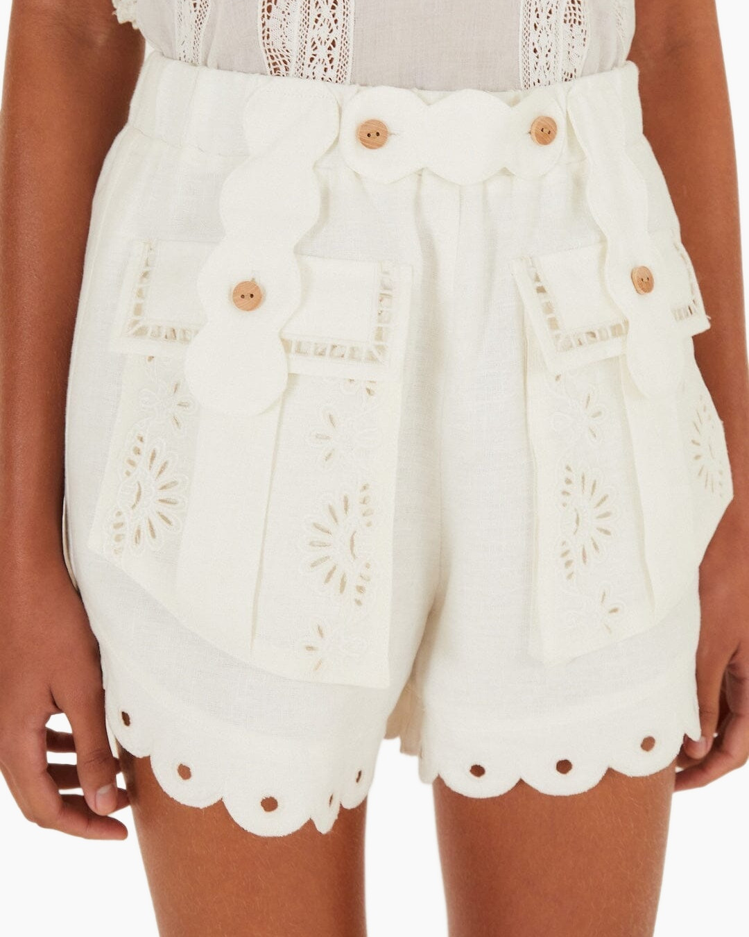 white shorts, eyelet shorts, scallop hem, button details, embroidery