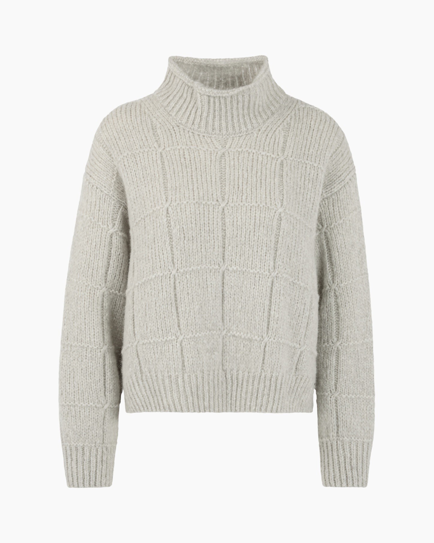 Brede trui, rolkraag, dik gebreide trui, rasterpatroon, beige/neutraal