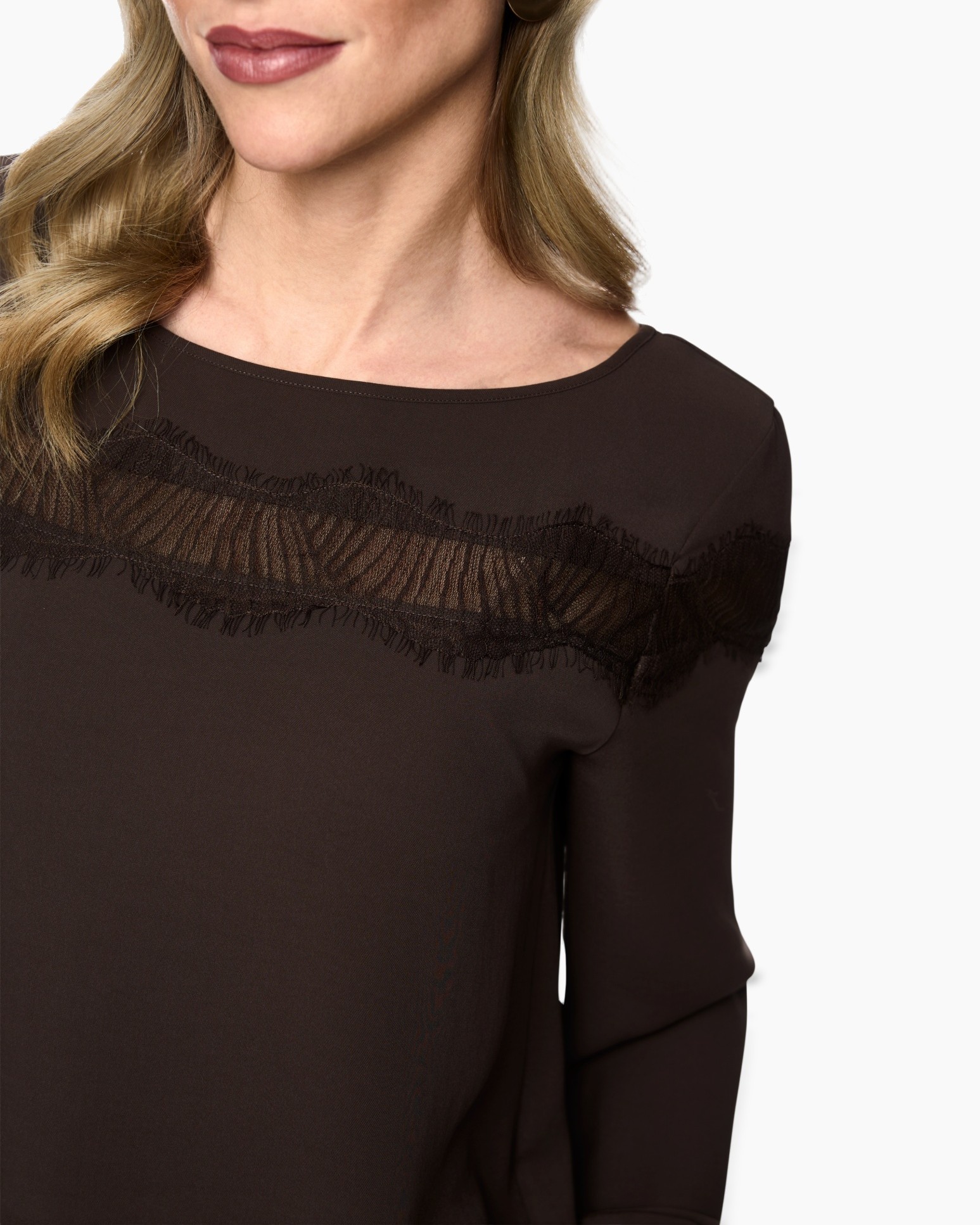 top, blouse, lace, bruin, lange mouw