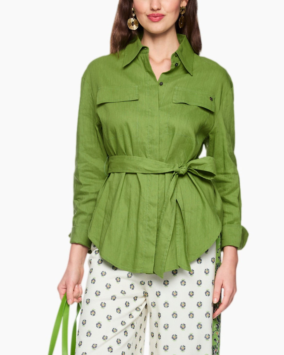 green shirt, long sleeves, waist belt, pocket flaps, collared shirt