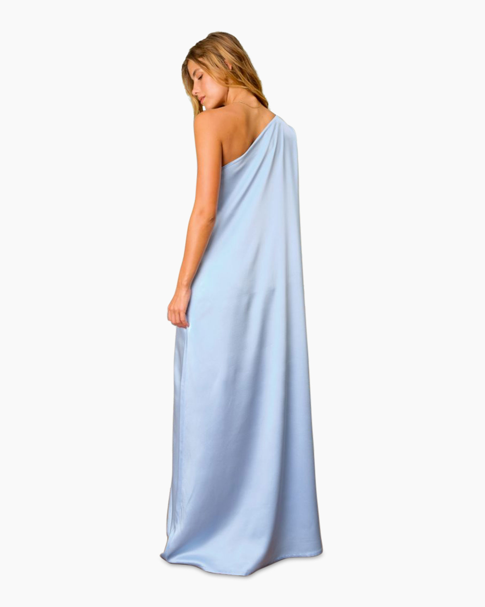 dress, evening dress, one-shoulder, long gown, light blue