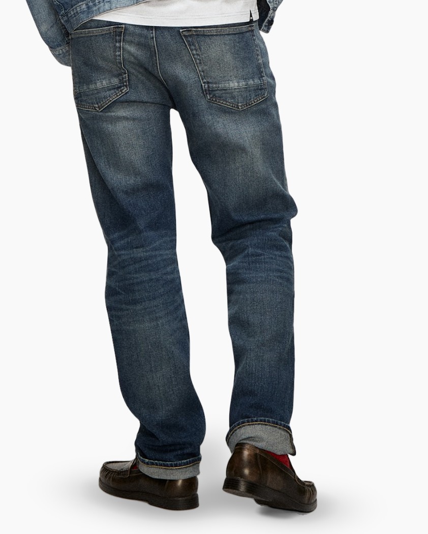 spijkerbroek, blauw denim, denim, versleten, slim fit