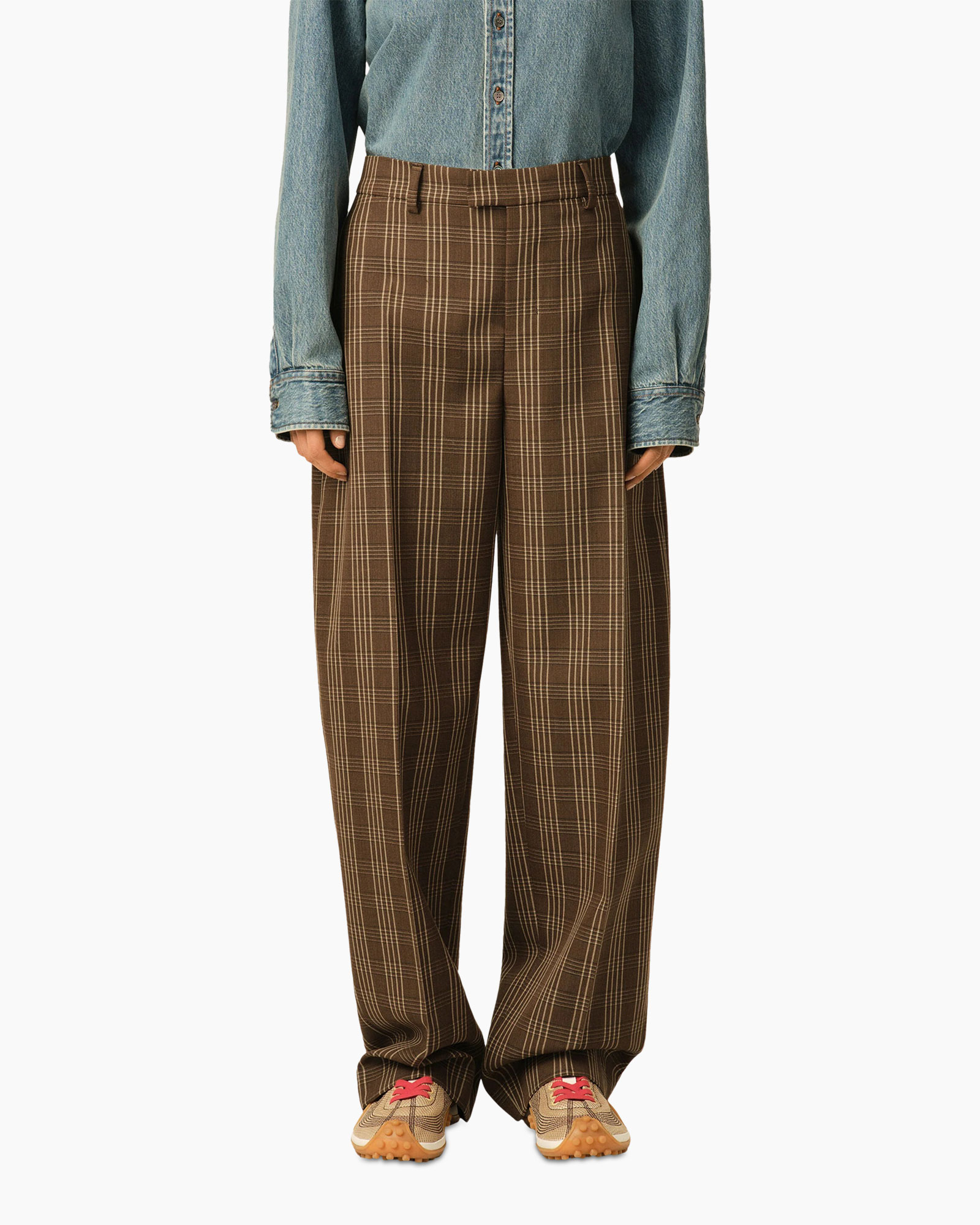 broeken, ruit, bruin, wijdelug, broek