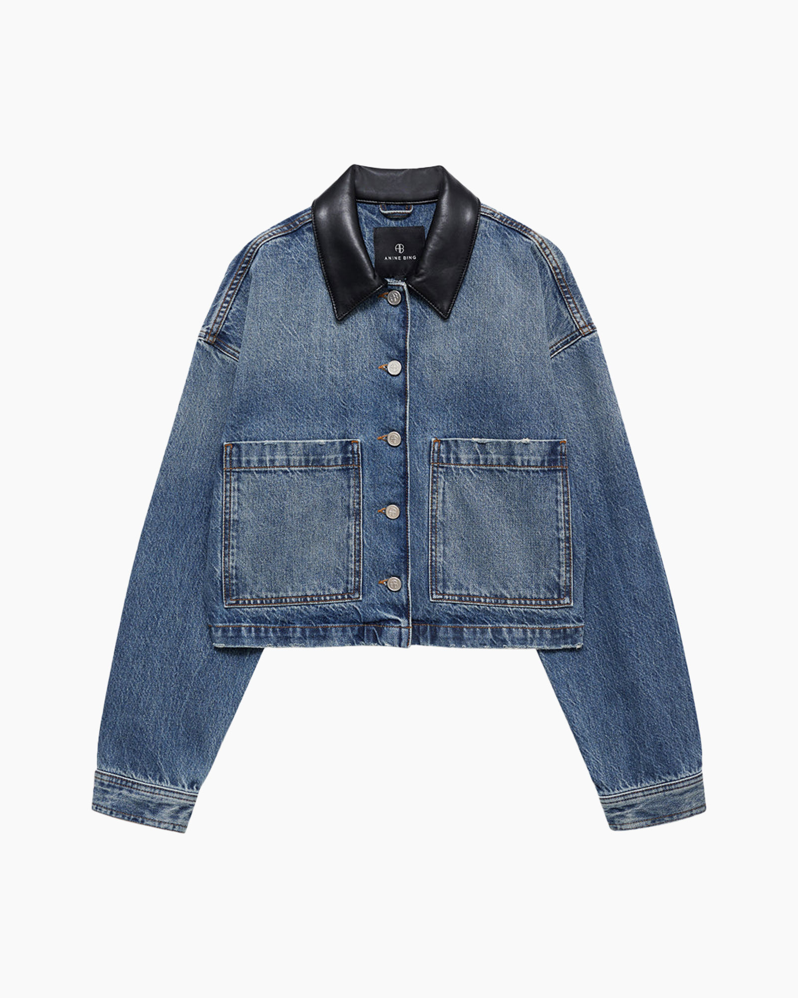 denim, jas, blauw, voorzak, contrast kraag