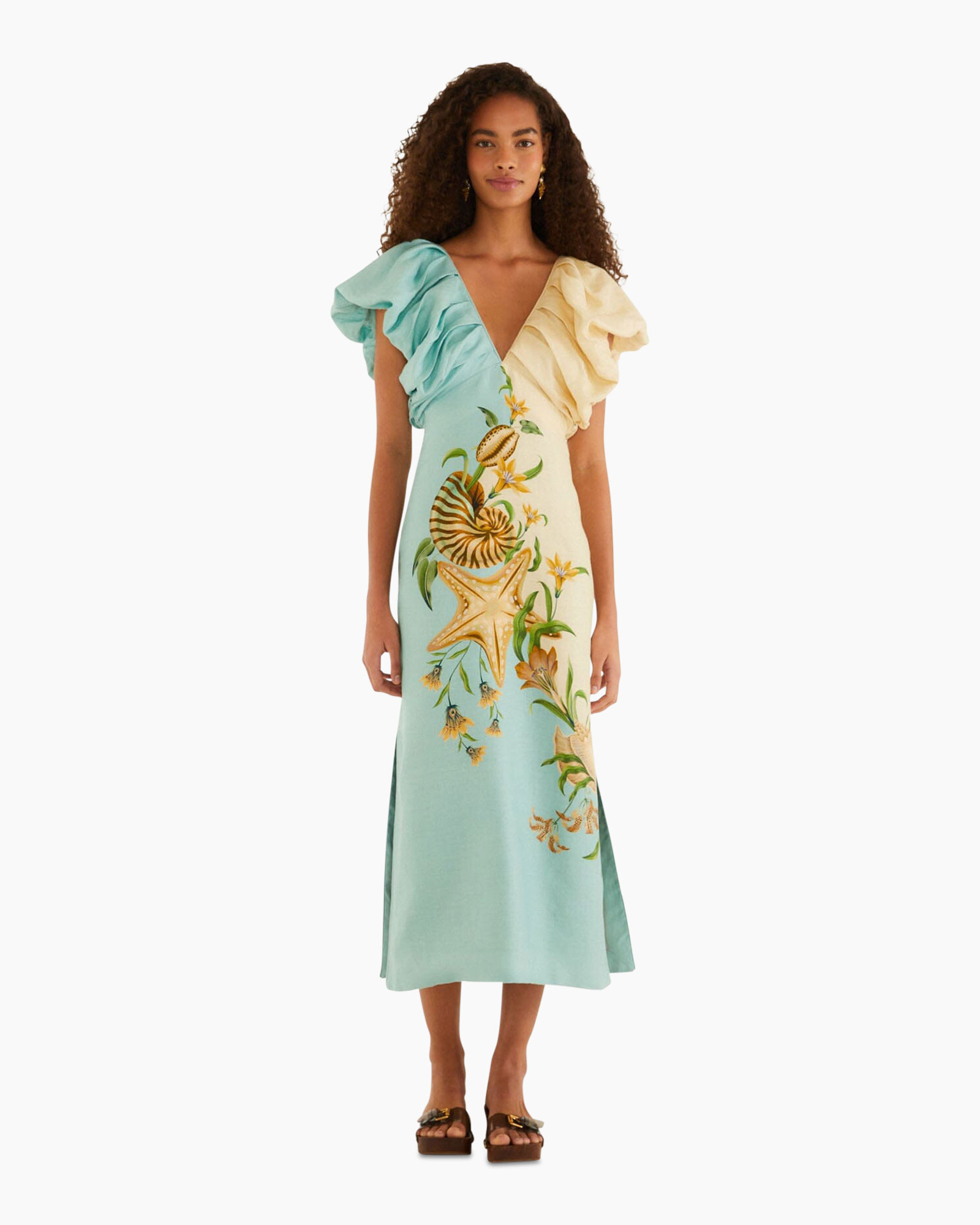 jurk, maxi jurk, groene jurk, bloemachtig patroon, ranselende mouw