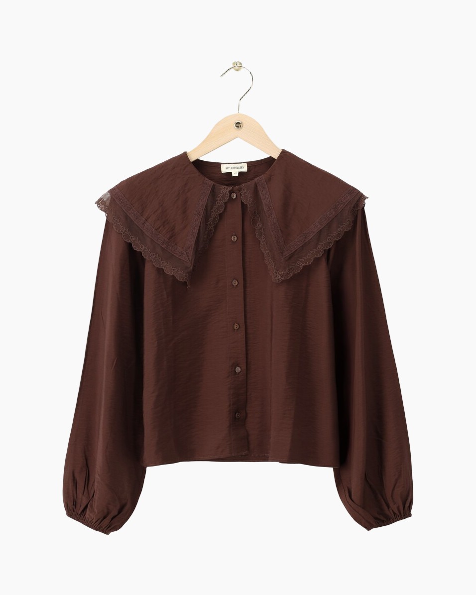 bruin blouse, kantkraag met kant, lange mouwen, knoopsluiting voor, crinkled stof