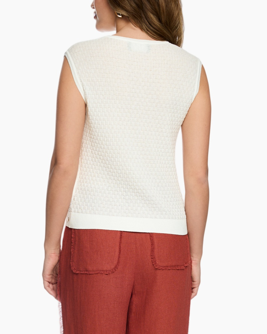 tanktop, witten gebreid, mouwloos, top, roodbruine broek