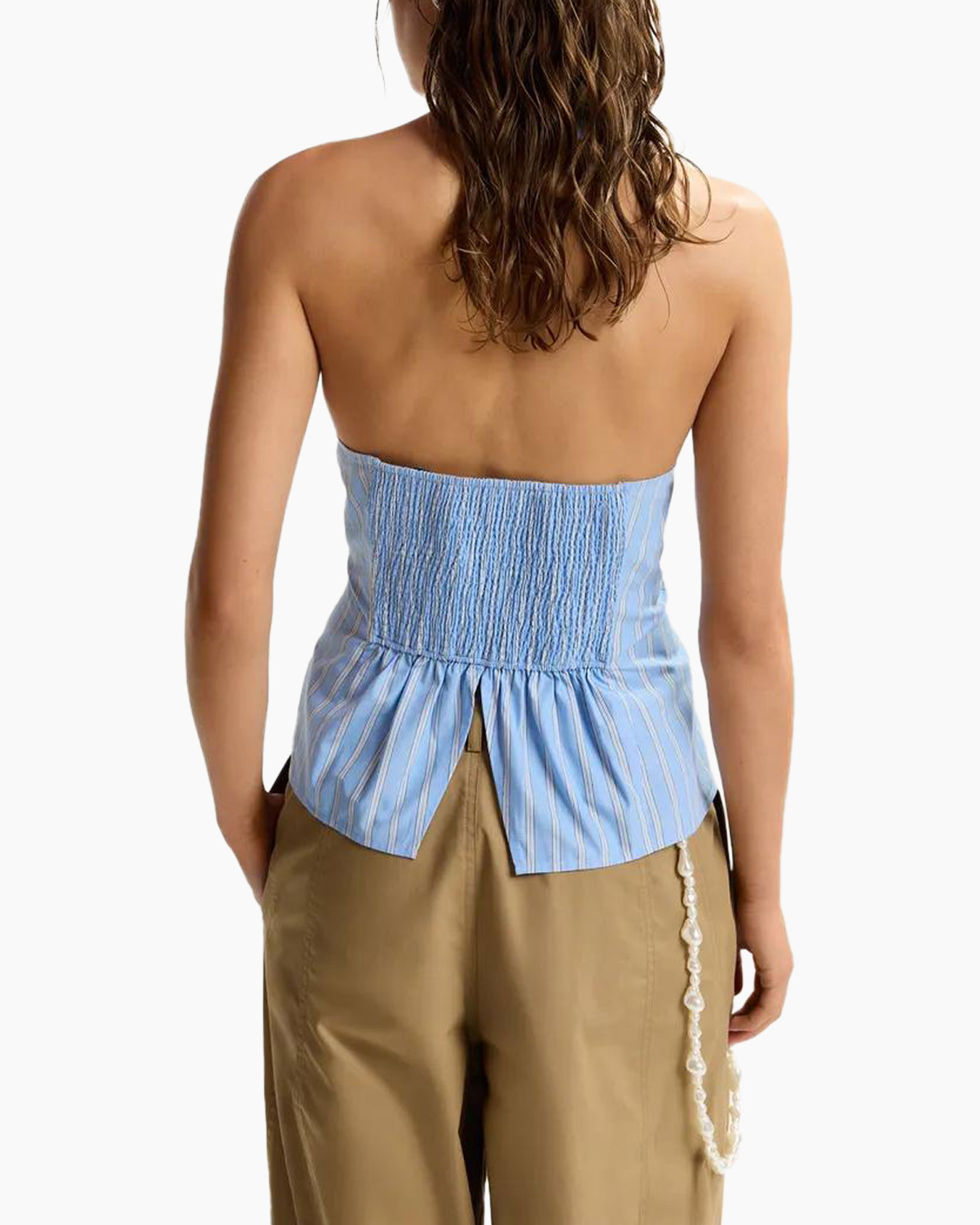 straploos top, blauwe strepen, kraagknop, halter, casual top