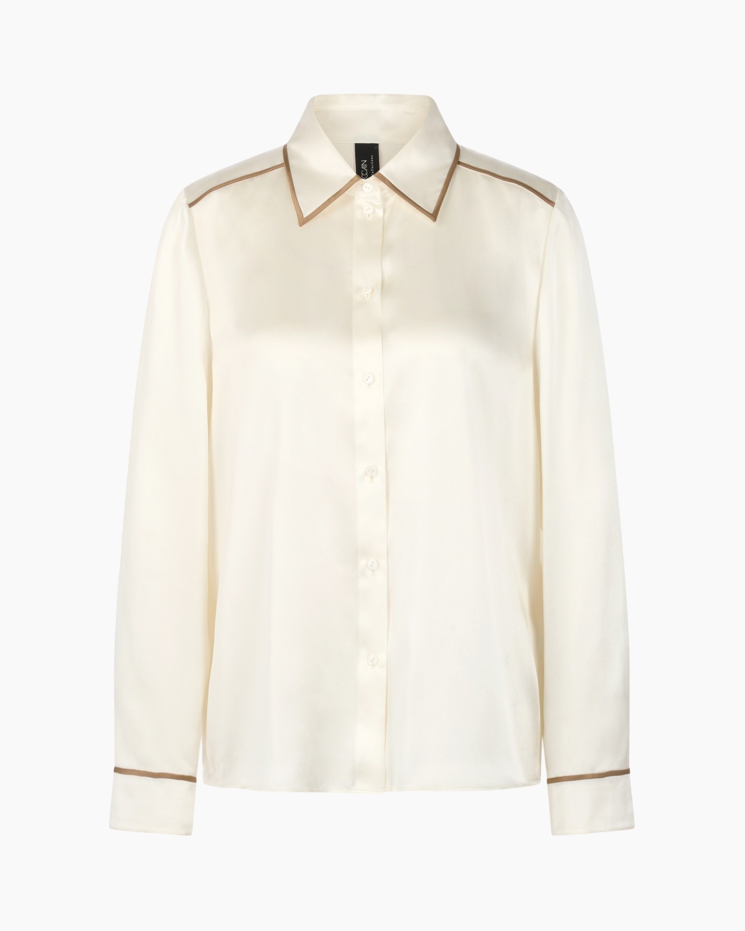 zijden blouse, crème kleur, knopen blouse, lange mouwen, contrasterende bies