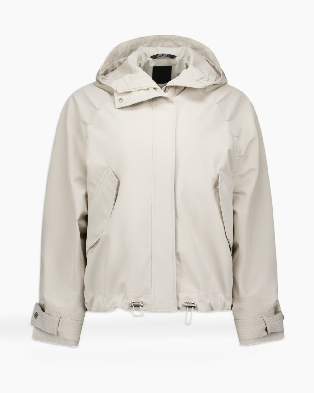jacket, hooded, beige, windbreaker, front-zip