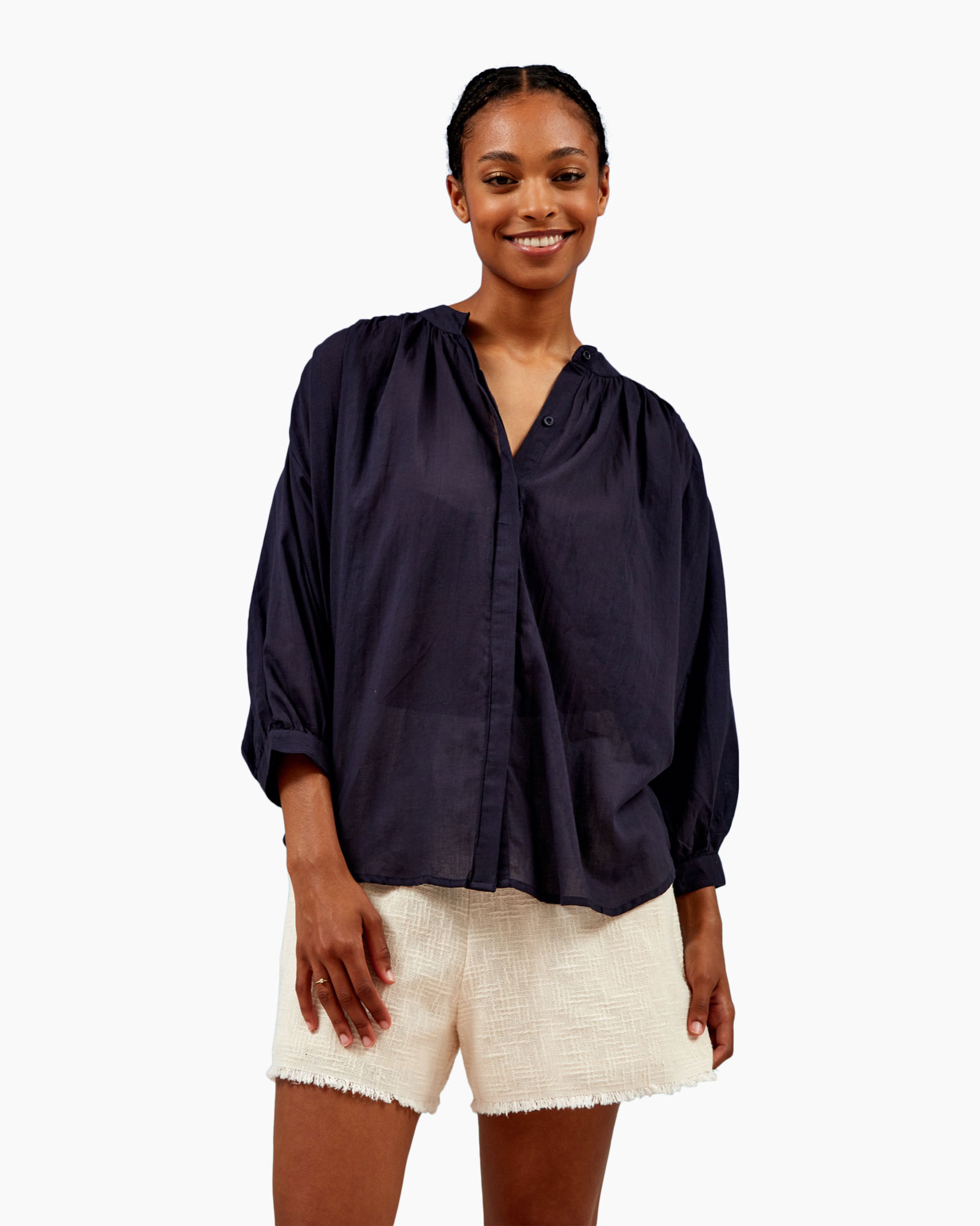 blouse, top blauw, lange mouwen, losvallend, kraag