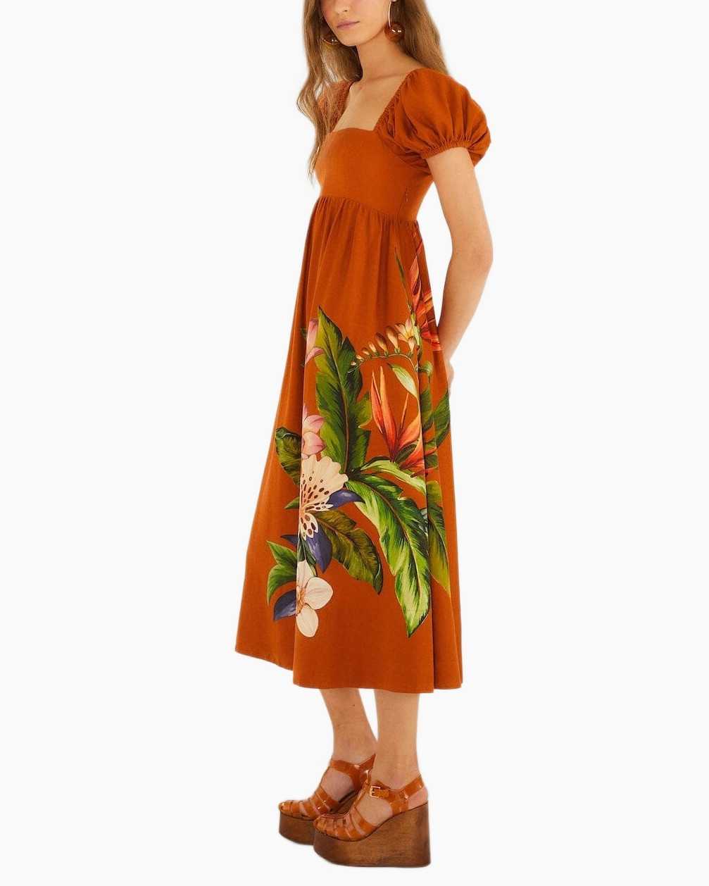 midi? actually maxi length, oranje jurk, bloemenprint, pofmouw, midi/kleine lange?
