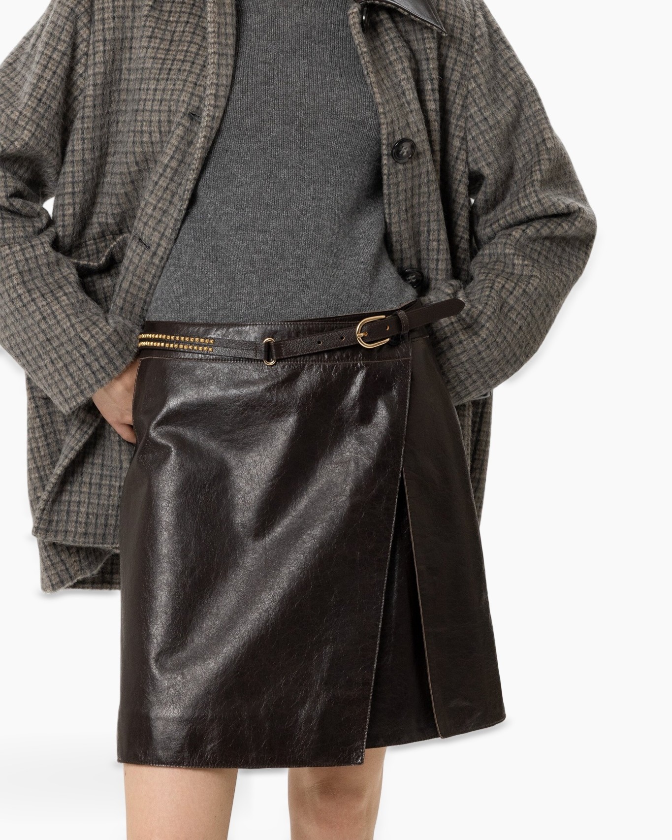 rok, leer, korte, riem, wrap