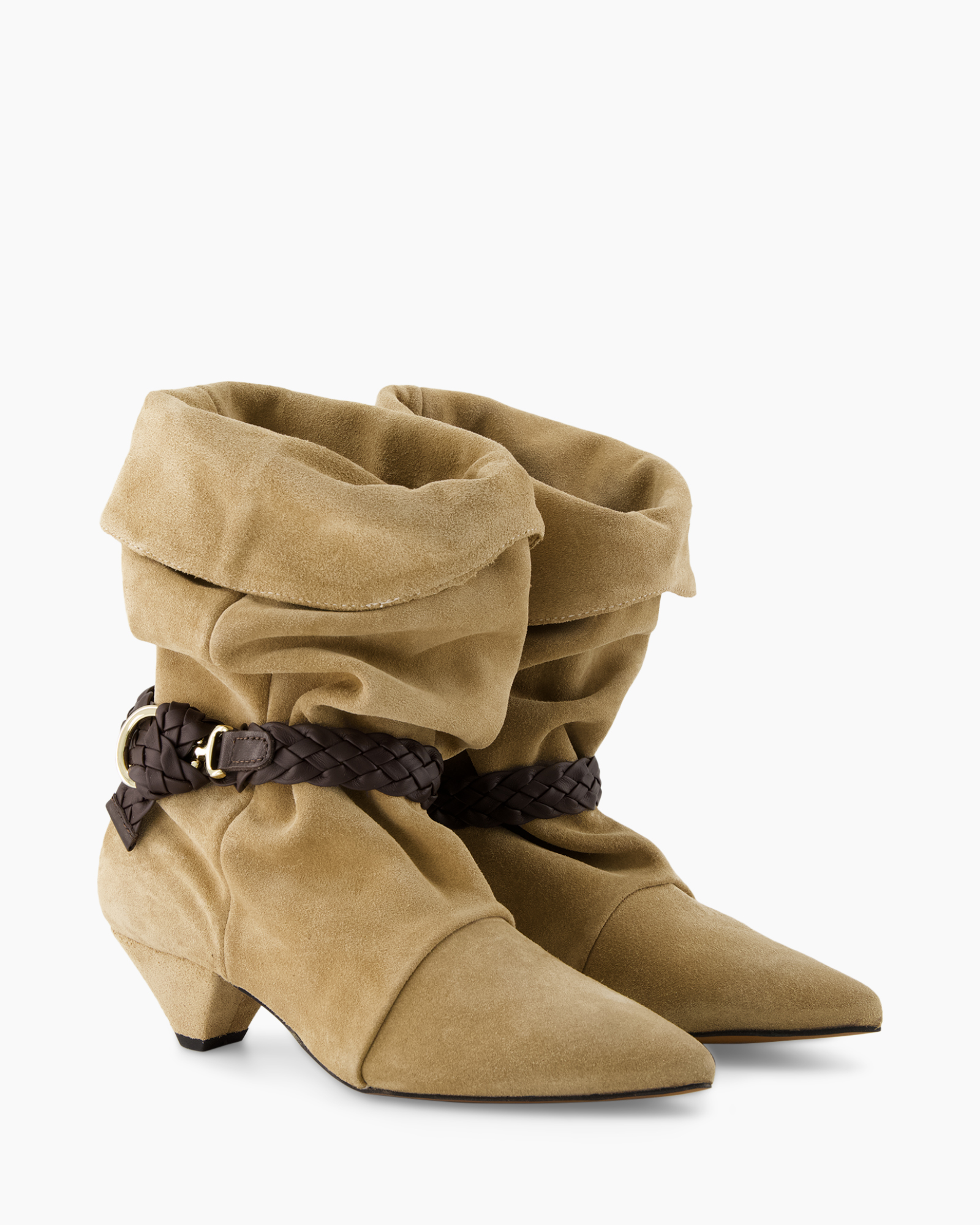 enkellaarzen, suède, slouchy, gebraaid riem, tan