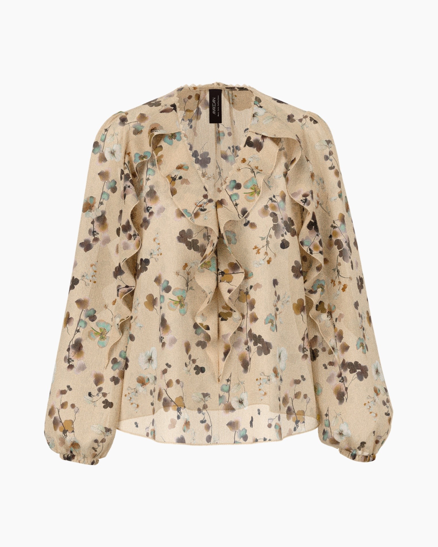 blouse, bloemenprint, ruffle, beige, lange mouwen