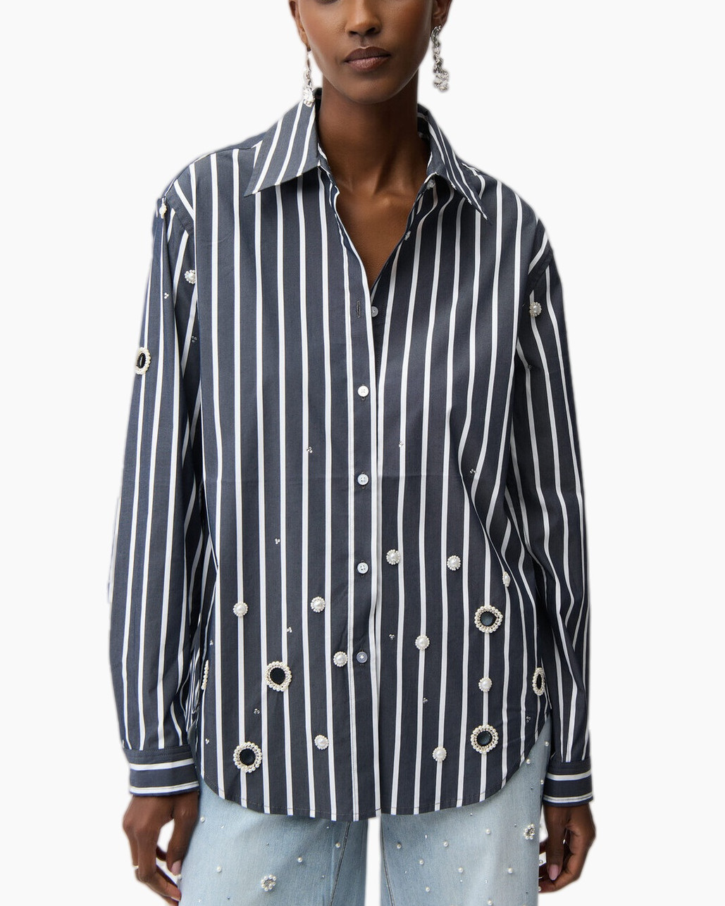 gestreepte blouse, knopenoverhemd, lange mouwen, versierd,  marineblauw