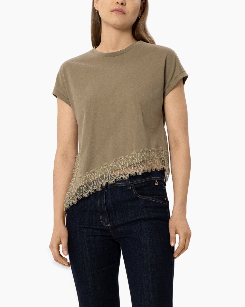 t-shirt, versierde kanten, korte mouwen, beige, casual top