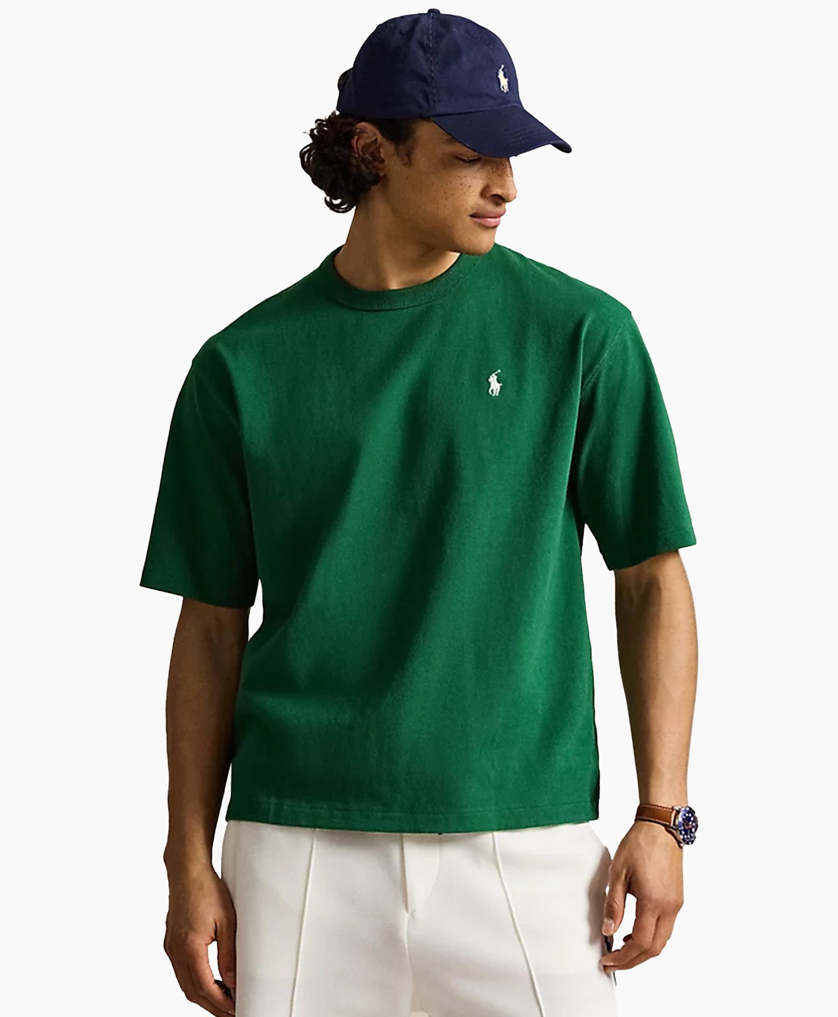 groene tshirt, kort mouw, rond hals, logo klein, casual kleding