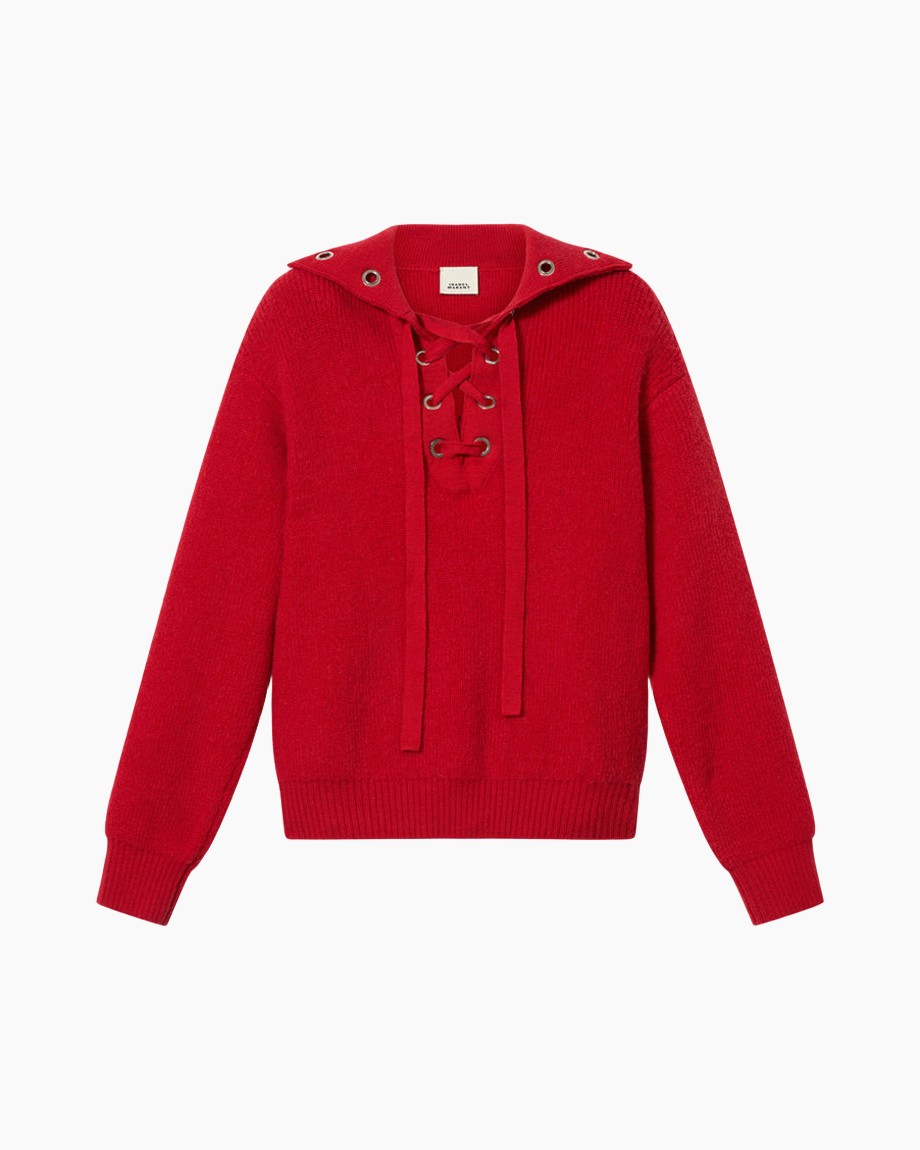 hoodie, gebreide, rood, vetersluiting, capuchontrui