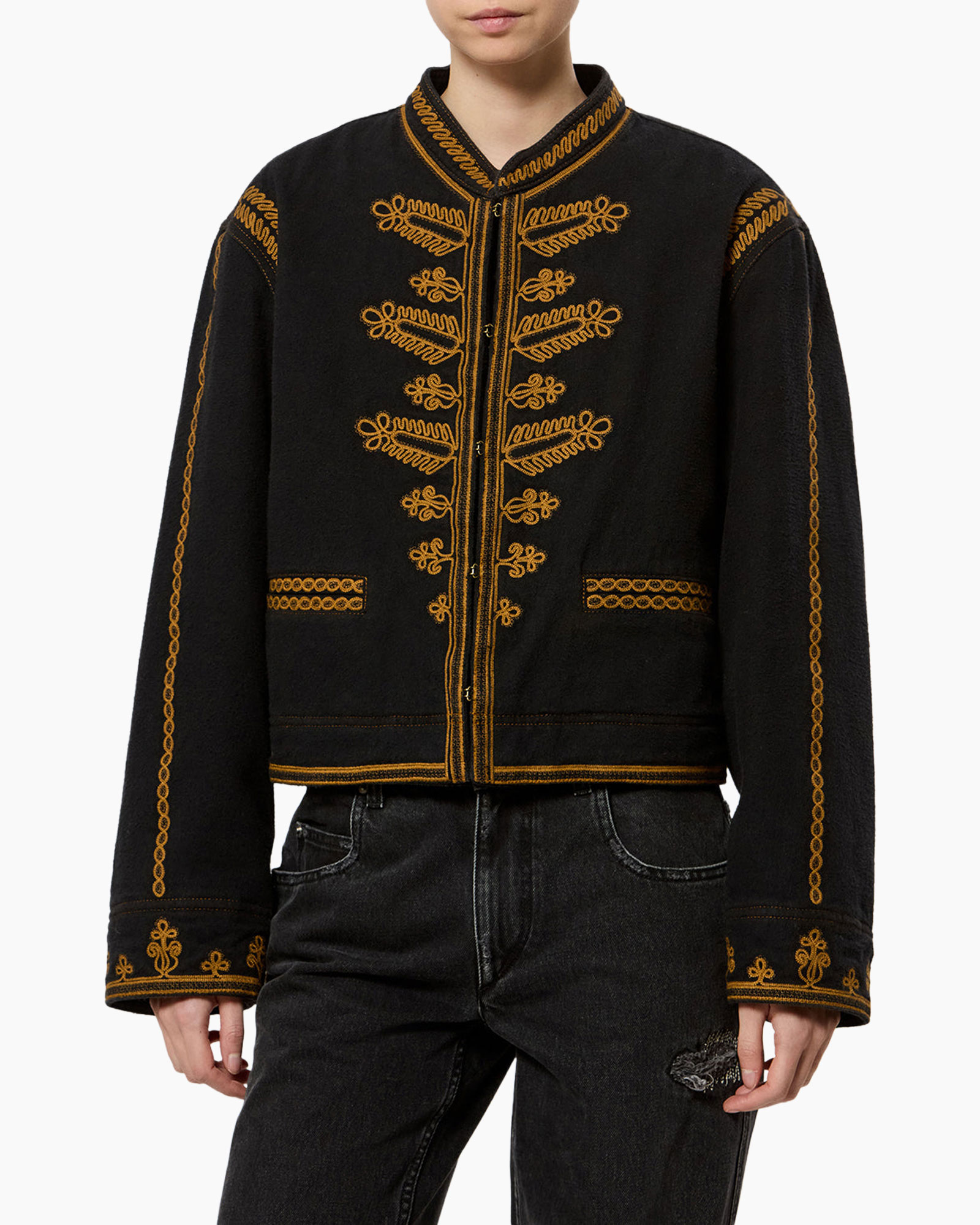 jas, zwart jack, goud borduursel, lange mouwen, casual buitenlaag