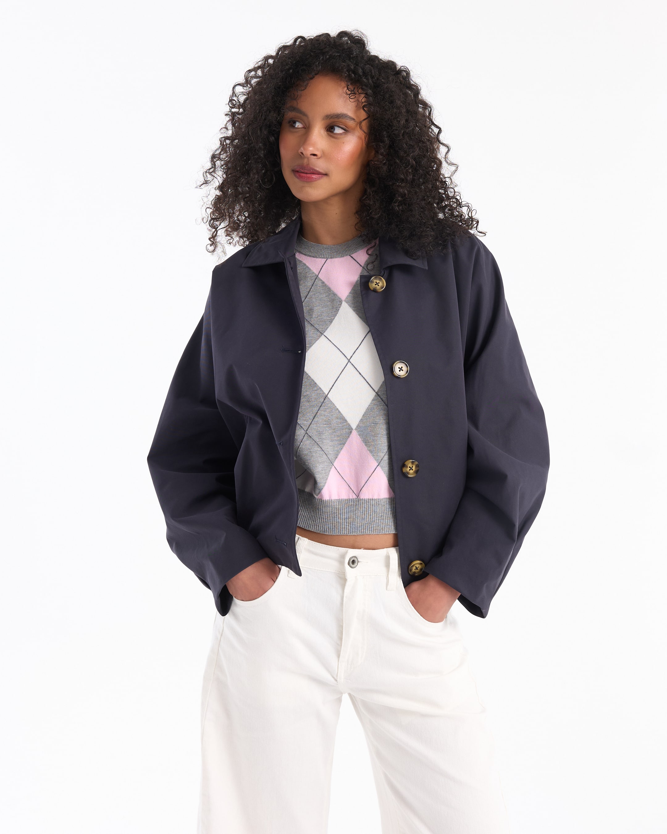 jacket, navy, buttoned, oversized, cotton blend