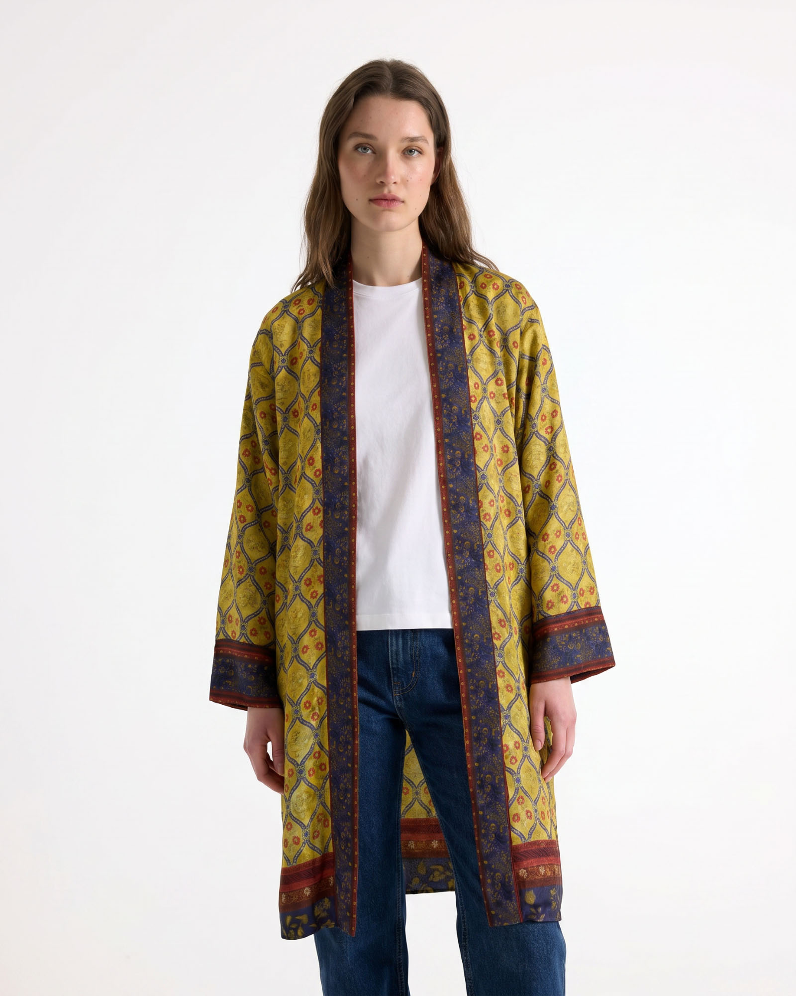 kimono, jacket lang, patroon, geel, blauwe randen