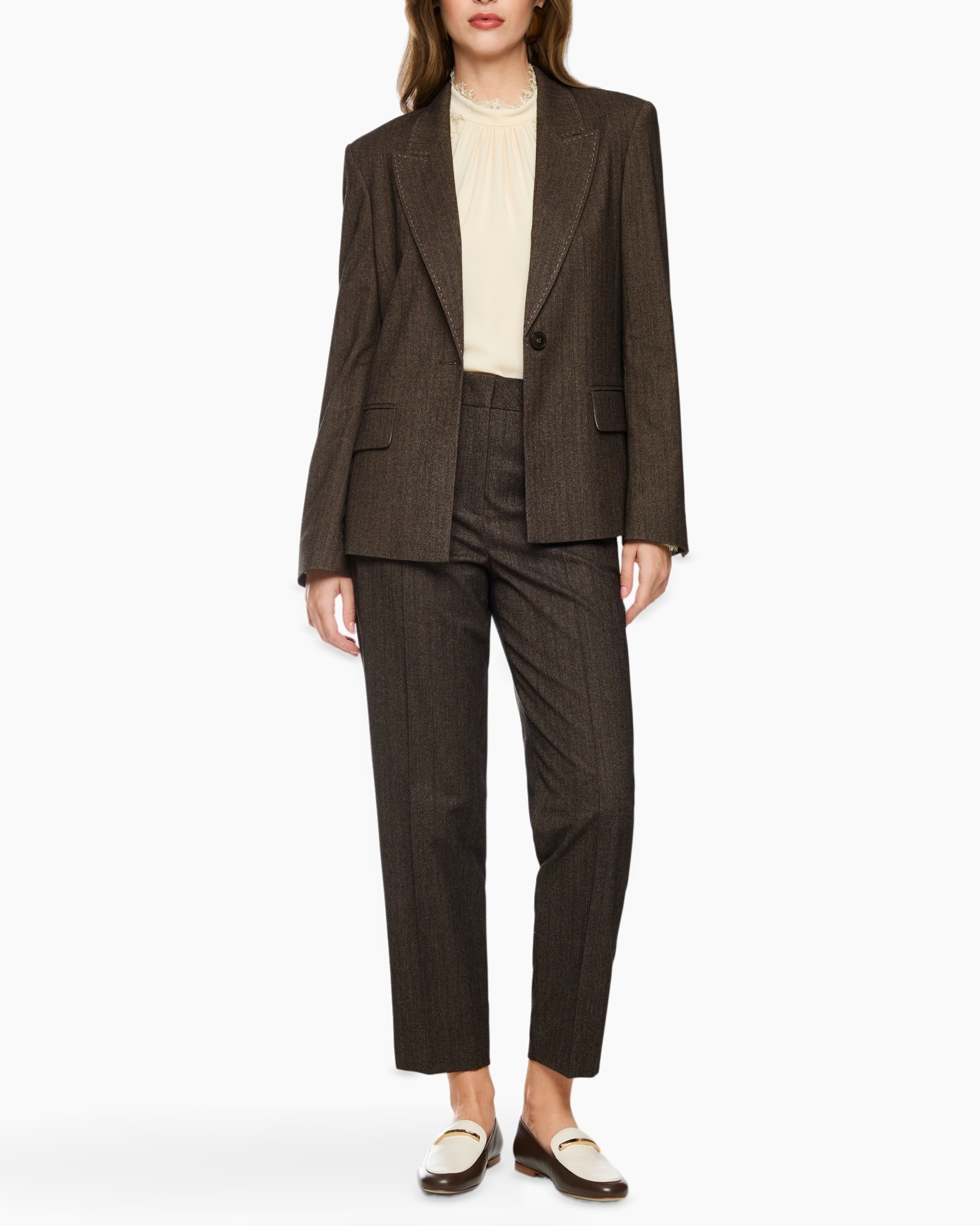 blazer, broekpak, damespak, bruin tweed, polyester blend